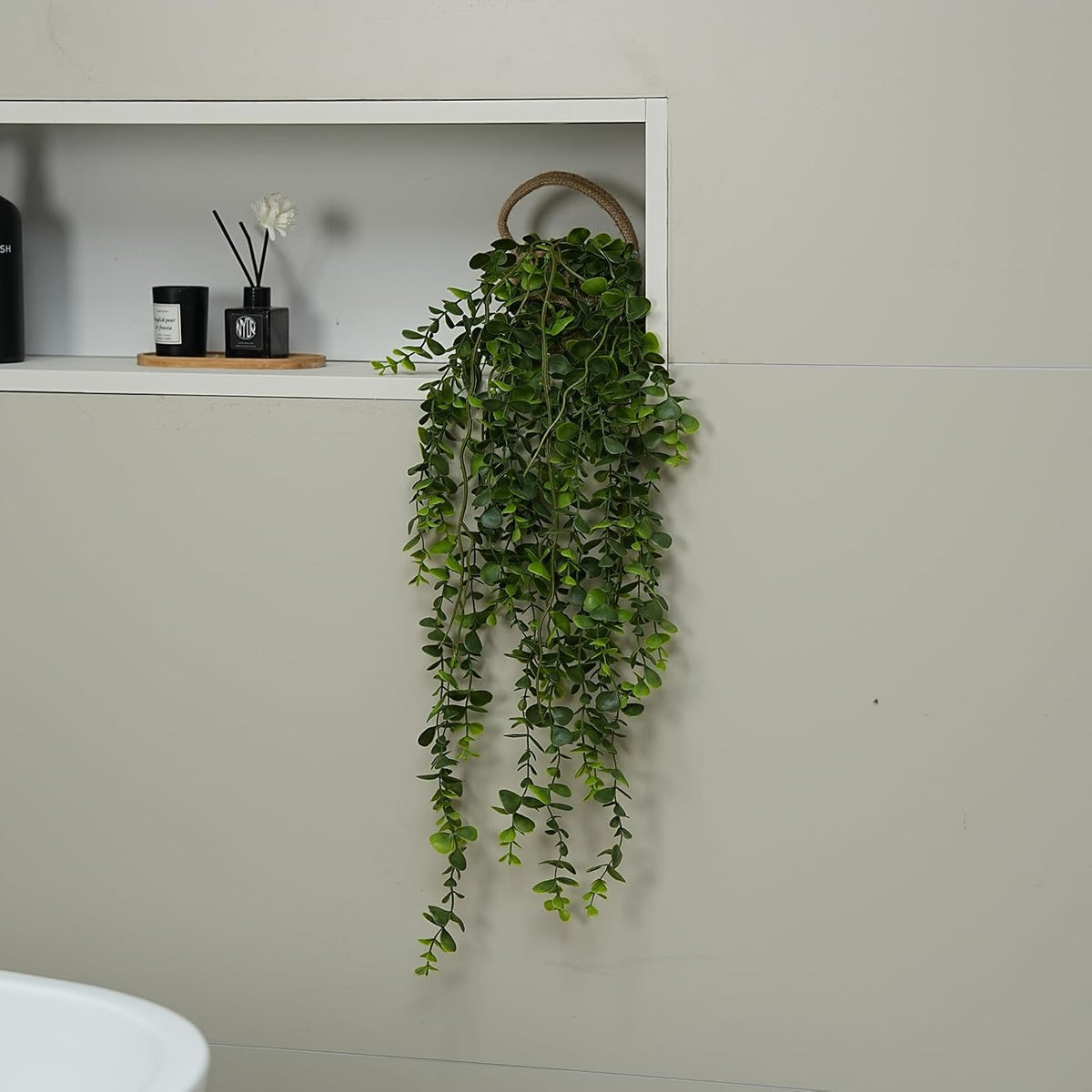 Fake Hanging Plants Potted Artificial Eucalyptus for Wall Decor, Jute Cord Basket 2PCS