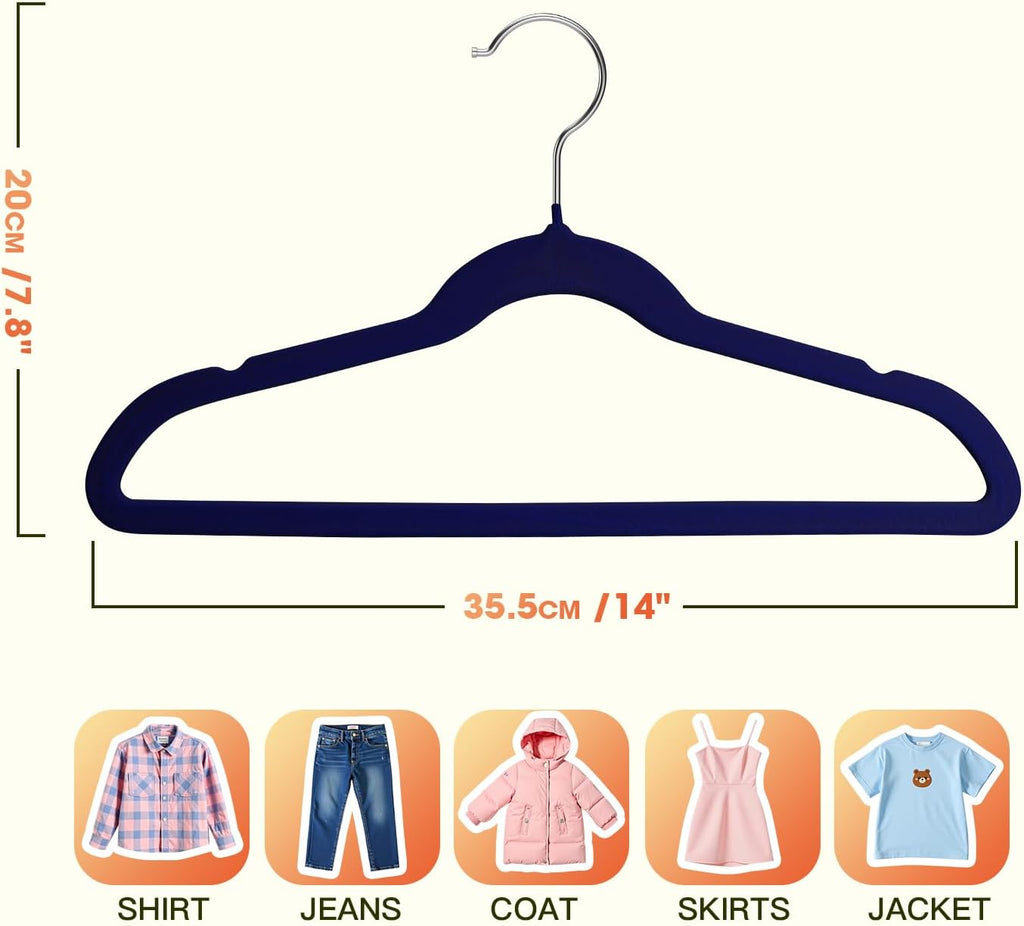 Kids Hangers 50 Pack,14 Inch Kids Velvet Hangers Slim & Space-Saving,Baby Clothes Hangers with 360 Swivel Hook,Heavy Duty Hanger for Infant & Childrens Coats, Pants,and Dress (Dark Blue)