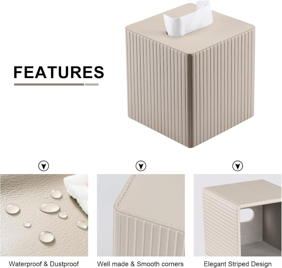 KINGFOM Tissue Box Cover, PU Leather Square Tissue Box Holder for Kleenexs with Magnetic Bottom Cover for Facial Tissues/Napkins, Office & Living Room Decor Box (Beige Strips)