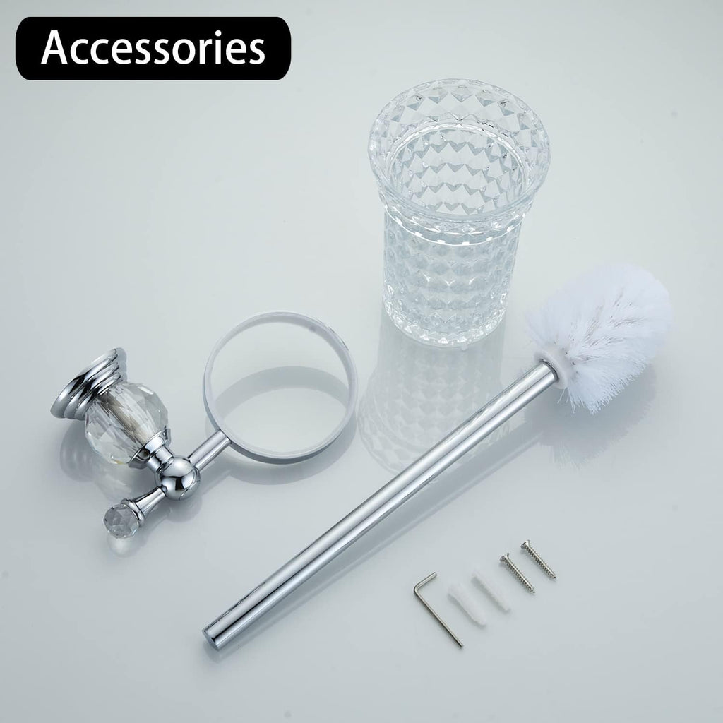 WOLIBEER Crystal Toilet Brush Holder, Chrome Toilet Cup Set with Polished Silver Brush Handle Wall Mounted for Bathroom - Decorative Design,Space Saving.