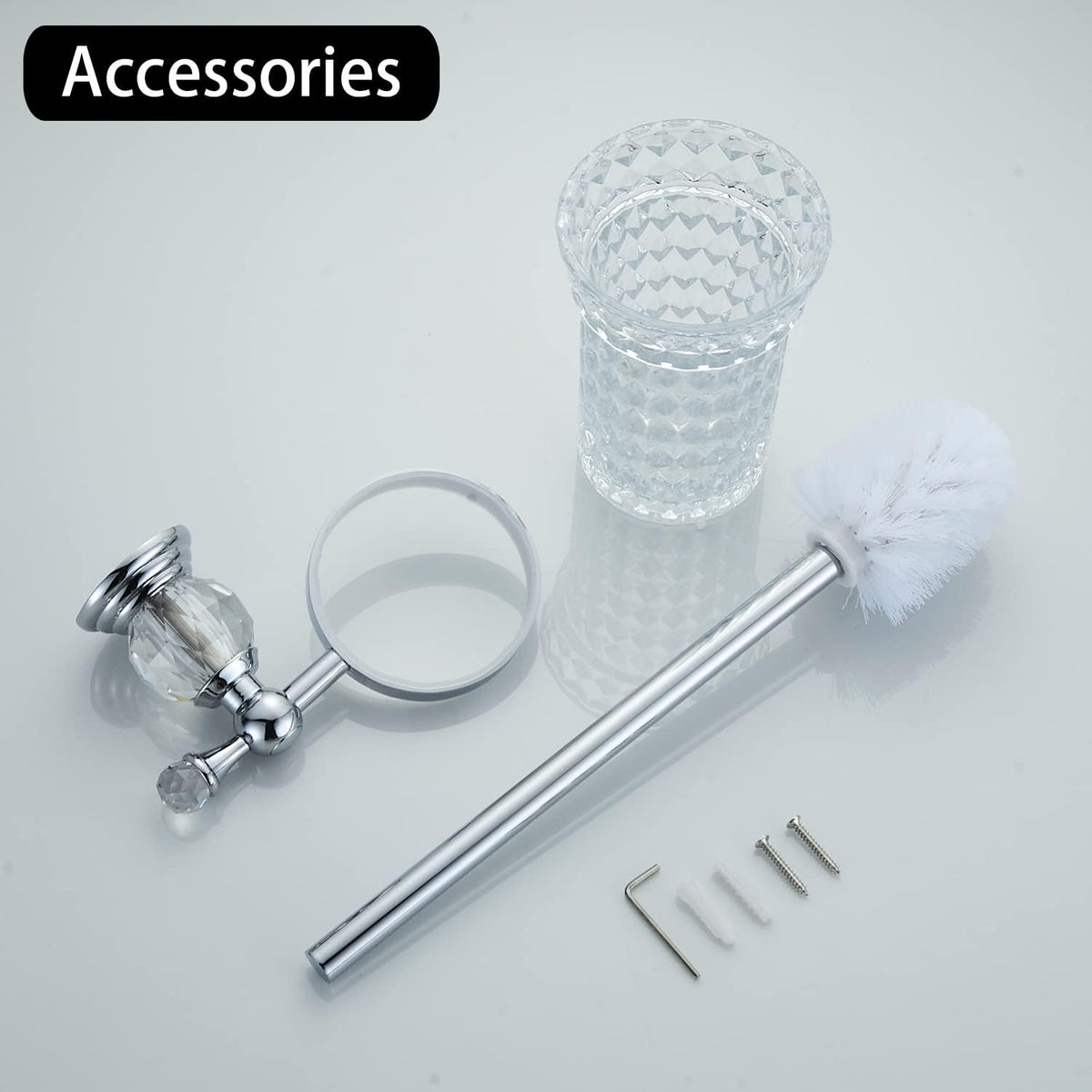WOLIBEER Crystal Toilet Brush Holder, Chrome Toilet Cup Set with Polished Silver Brush Handle Wall Mounted for Bathroom - Decorative Design,Space Saving.
