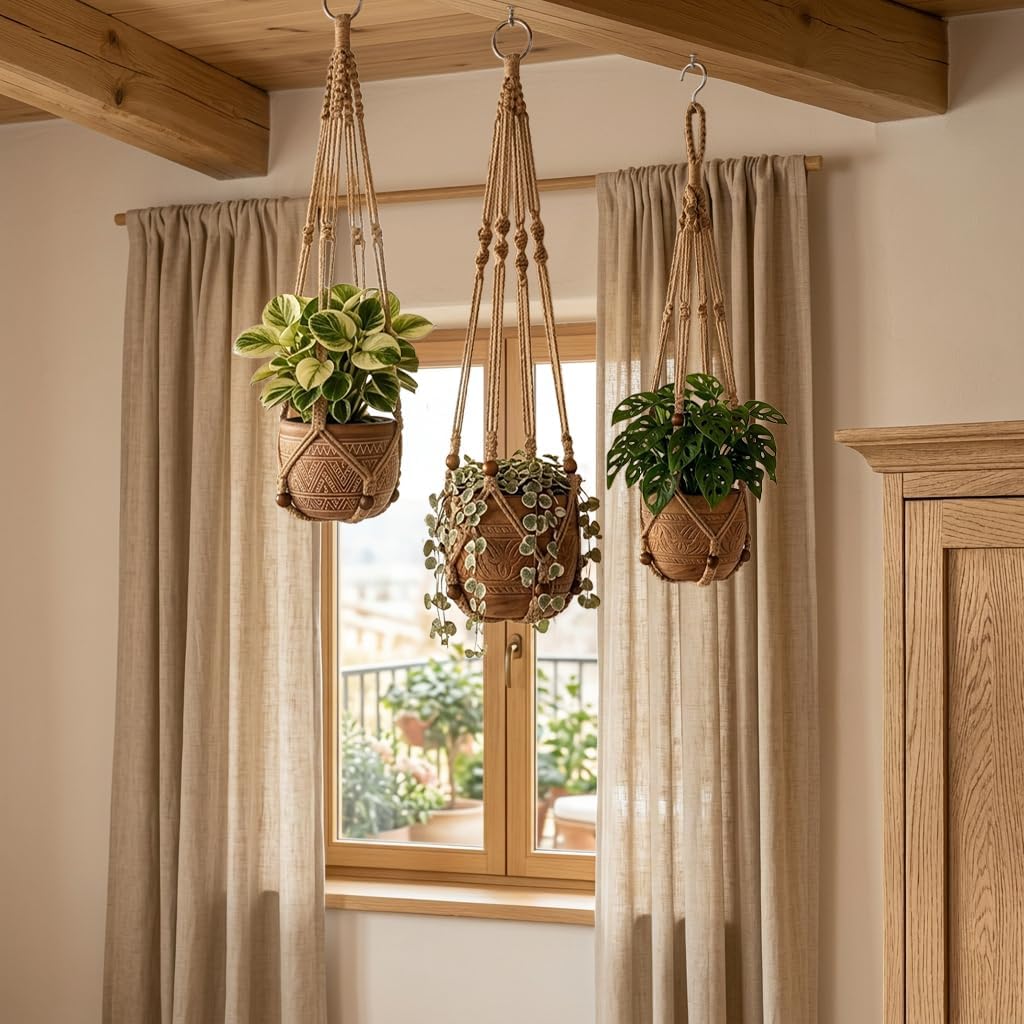 Macrame Plant Hanger 3 Pack, Jute Hanging Planter Holder Set, Brown, 35/29/23 in,with 3 Ceiling Hooks and 3 S Hooks,Suitable for Indoor and Outdoor Home Decor (Pots and Plant Not Included)