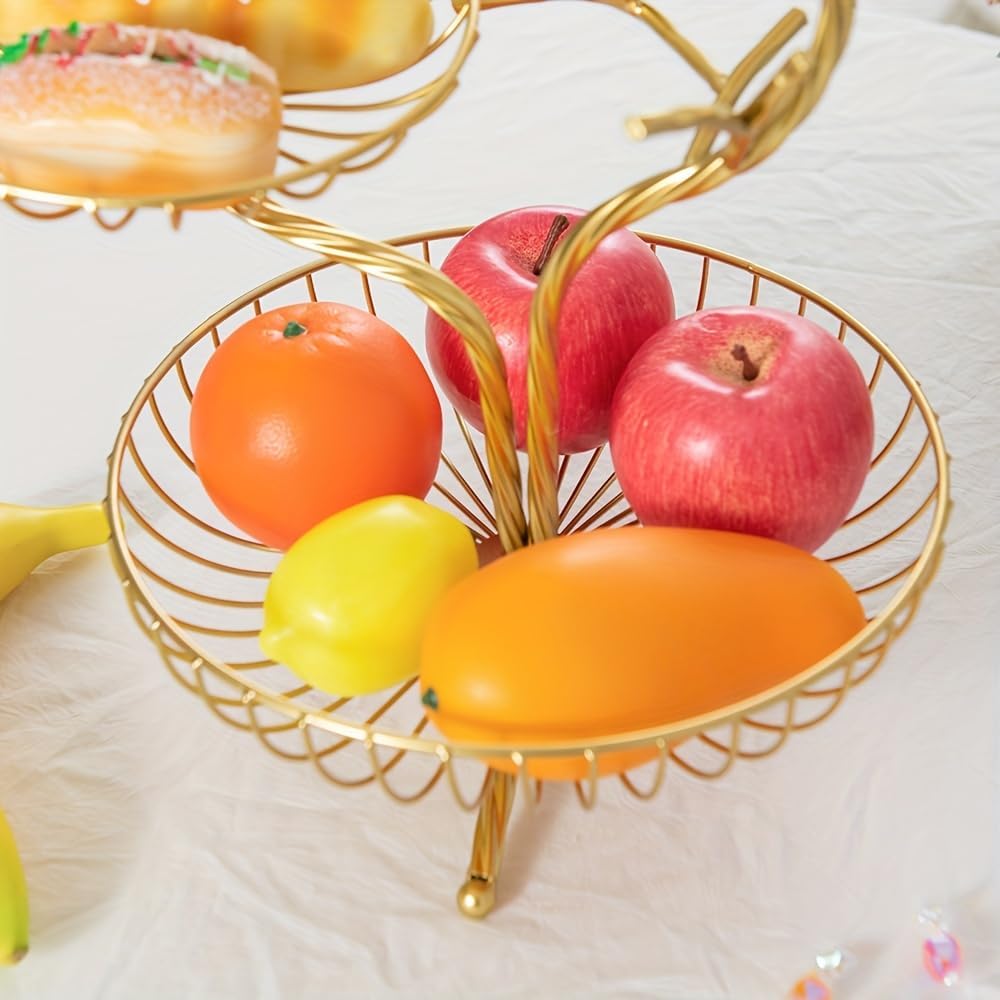 LANDTOM 3-Tier Fruit Basket Holder Decorative Fruit Bowl Rack Metal Stand Table Countertop Holder for Vegetables Bread Snack for Kitchen Home Use, Gold (Type E)