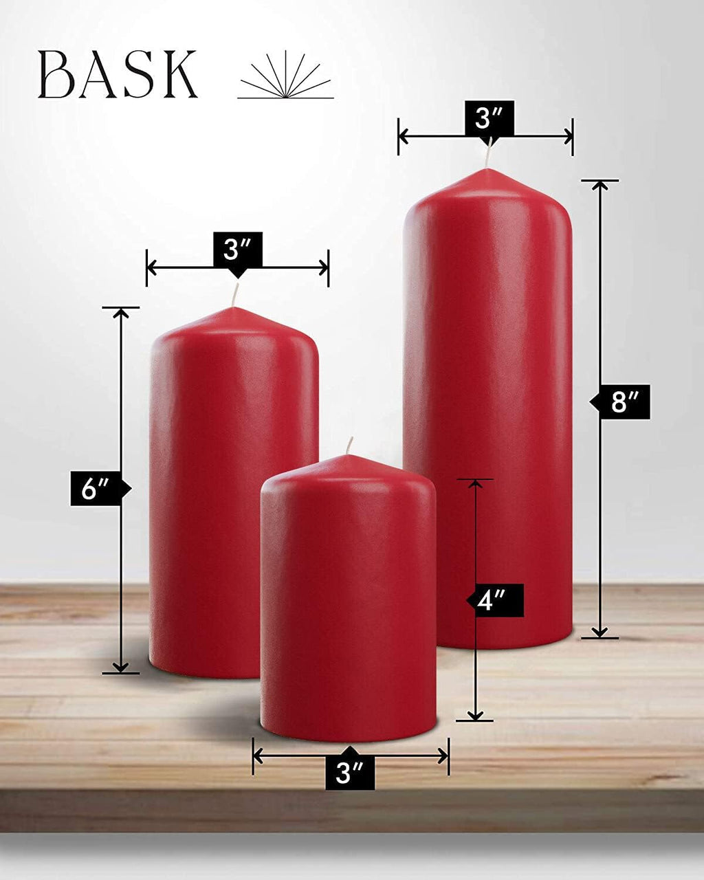 Bask Cone Top Pillar Candles - Elegant Red Candles - Set of 3 Red Pillar Candles - 3"x4", 3"x6", and 3" x8 - Smokeless and Dripless Decorative Candles for Home Decor and Relaxation