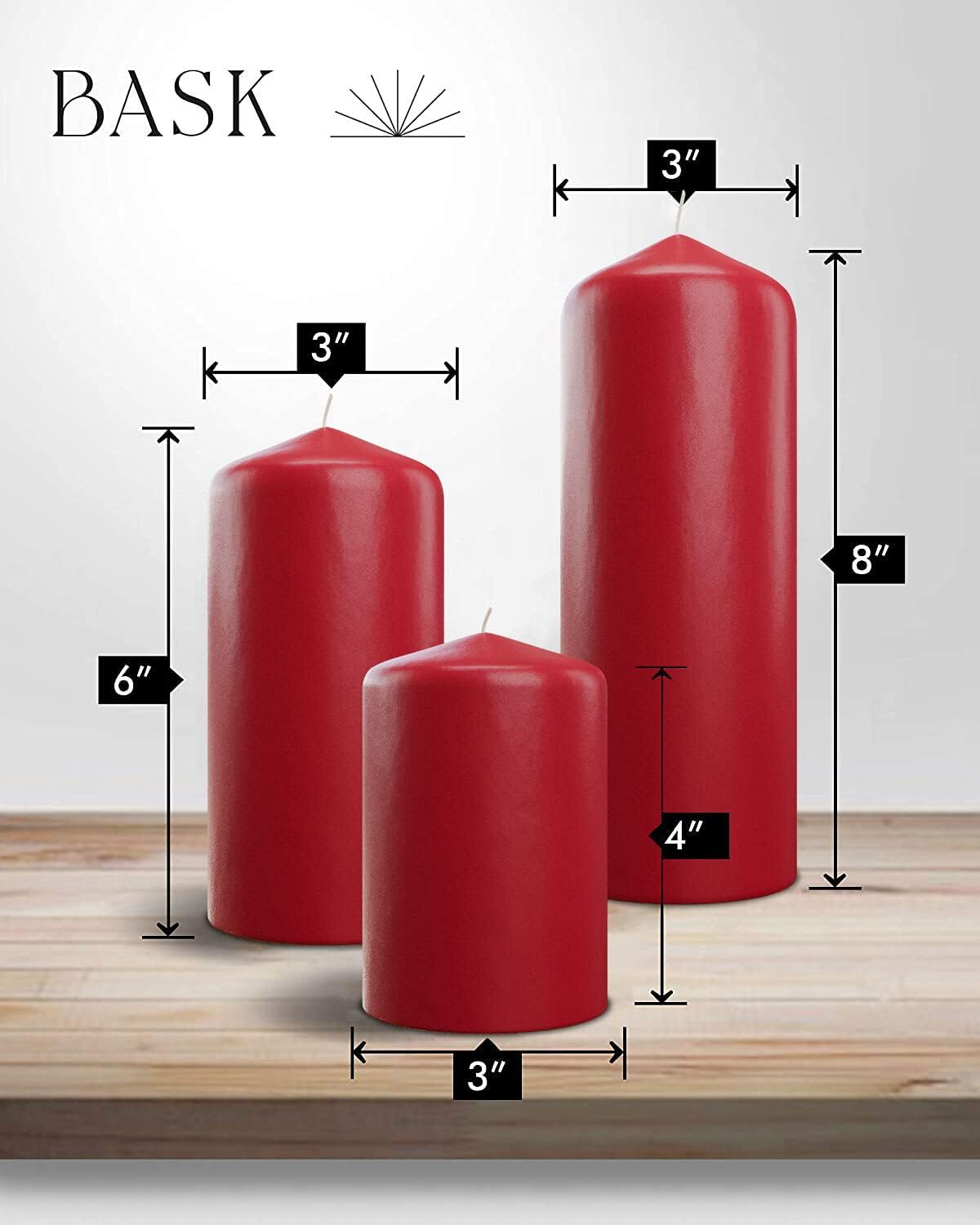 Bask Cone Top Pillar Candles - Elegant Red Candles - Set of 3 Red Pillar Candles - 3"x4", 3"x6", and 3" x8 - Smokeless and Dripless Decorative Candles for Home Decor and Relaxation