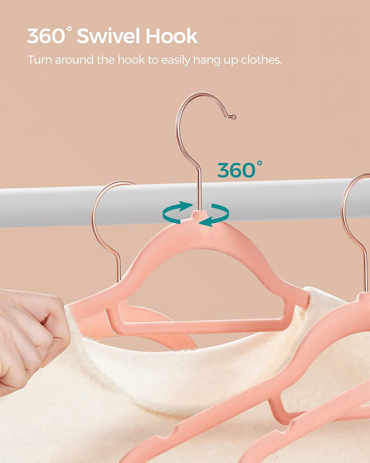 SONGMICS Velvet Hangers, Set of 50 with Tie Bar, Rose Gold Swivel Hook