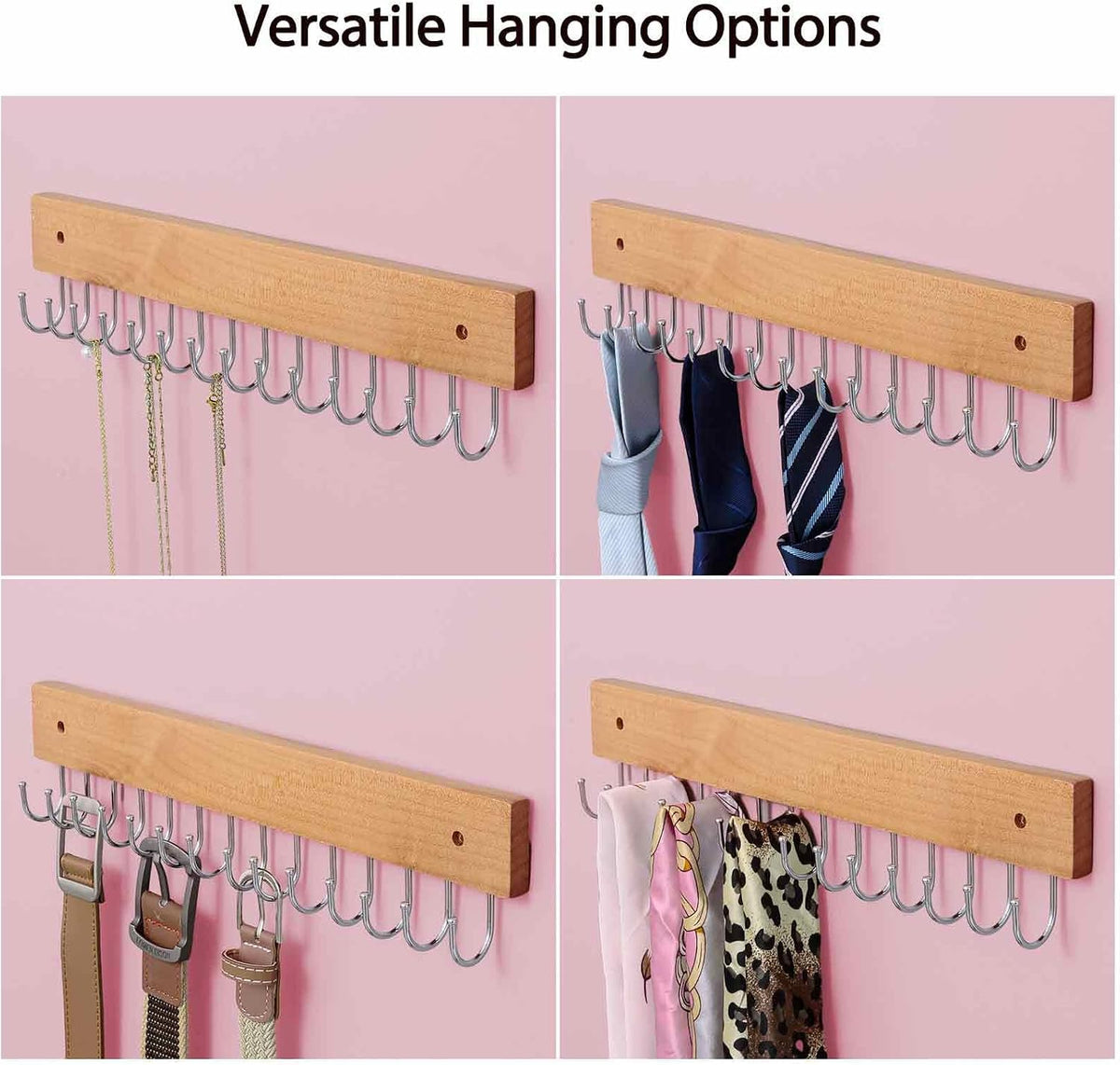 SCUNDA Wall Mounted Necklace Holder, Farmhouse Style Necklace Holder, Tangle Free Wall Jewelry Organizer with 28 Hooks(2 Packs,Natural)