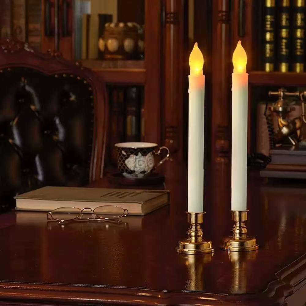 6 Pcs Plastic Flameless Taper Candles with Remote Timer Dimmer, 8.5 inches Taper Candles Battery Operated, Plastic LED with Flickering Flame for Halloween Christmas Church Wedding (Warm Yellow)