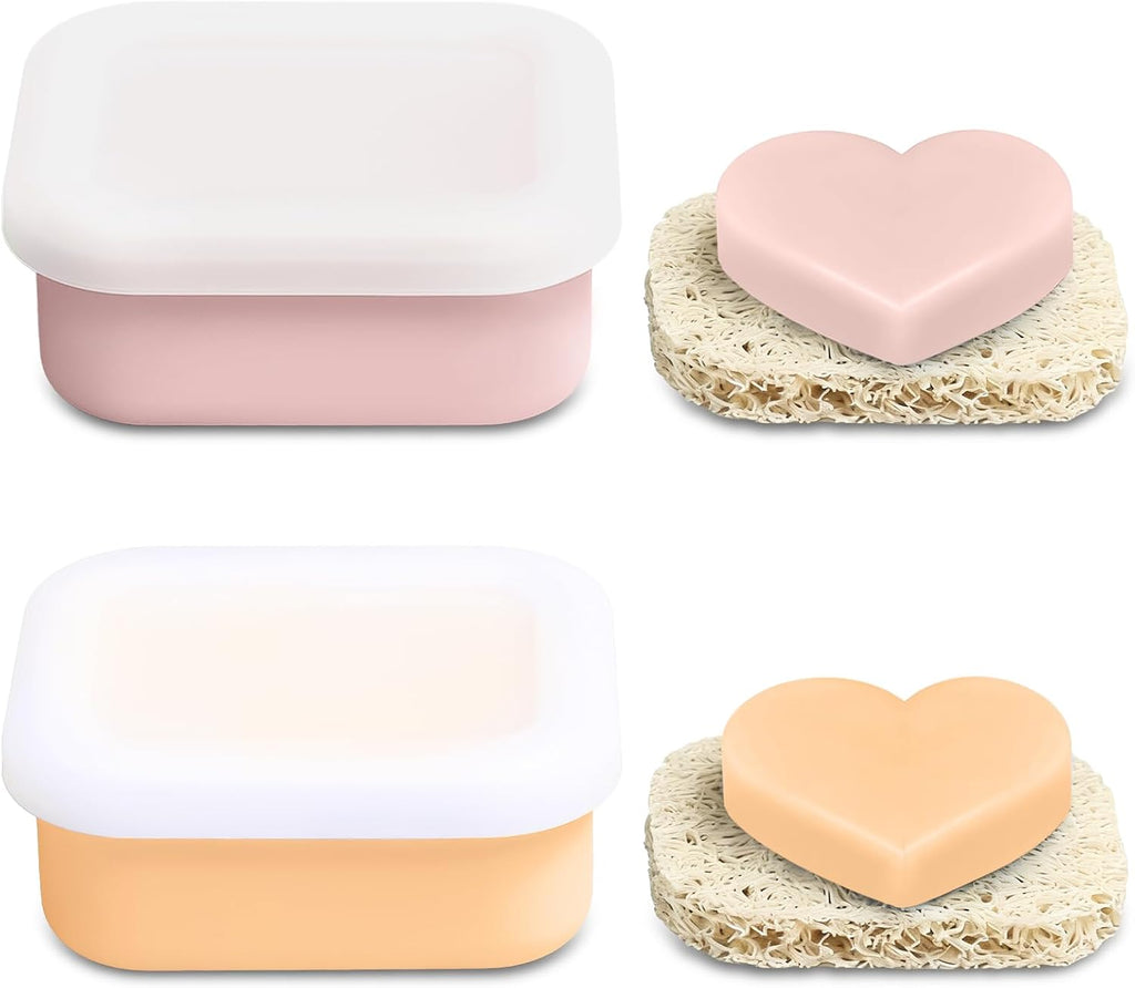 OTHIX 2 Pack Leakproof Silicone Travel Soap Case, Small Bar Soap Holder Container with Drainage Layer & Mini Portable Soap Dish for Shampoo Bars, Bathroom, Camping, Valentines Day Gifts (Pink & Peach)