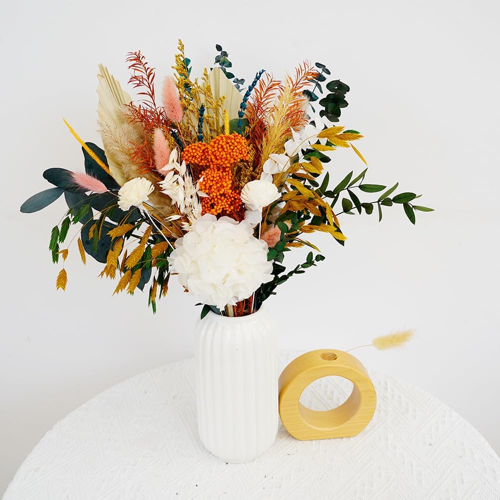 Natural Dried Pampas Grass Dried Bouquet with Orange Millet Flower & White Hydrangea , Fall Flower Arrangement with Green Eucalyptus Leaves,Bohemian DIY Dried Flowers for Wedding, Home& Office Decor