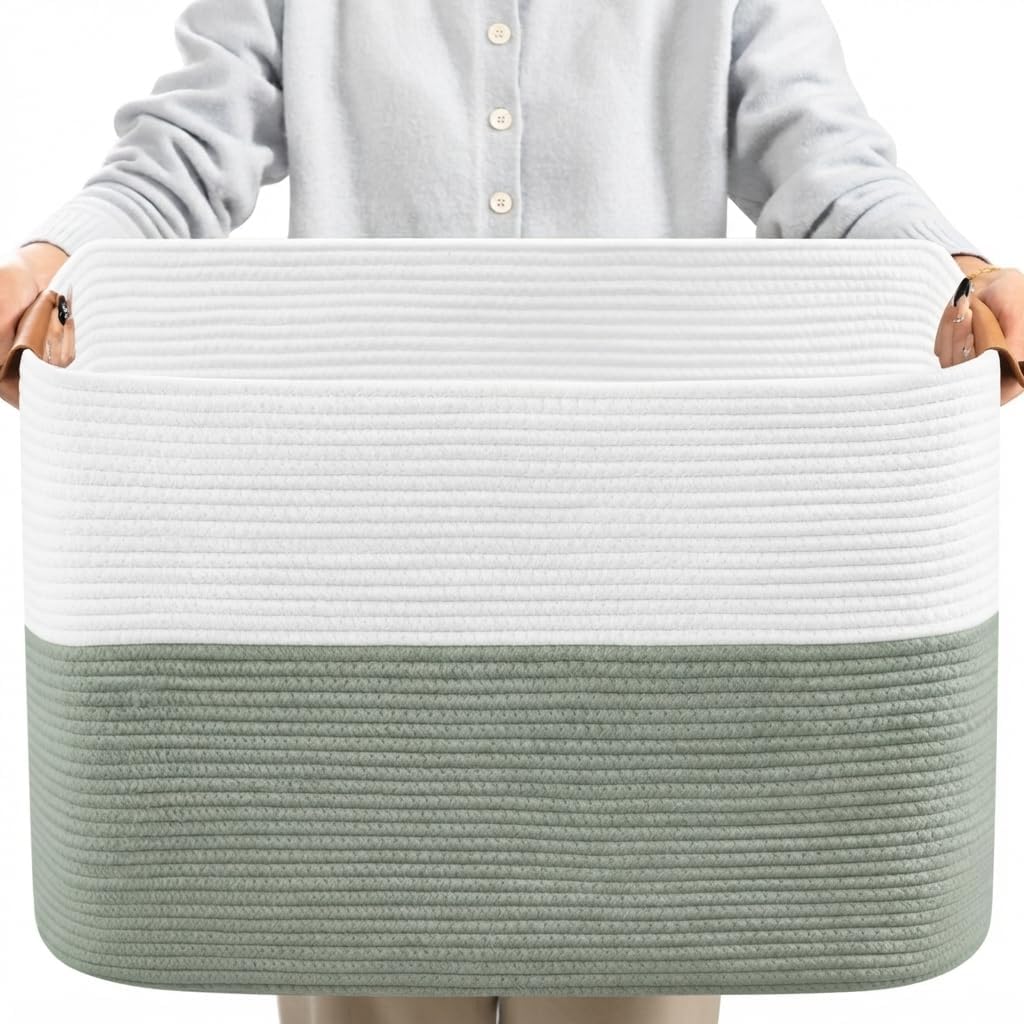 Danpinera 100L Extra Large Blanket Basket for Living Room, White&Sage Green