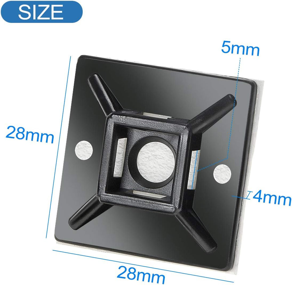 XHF 100 PCS 1.1" Black Self Adhesive Cable Zip Tie Mounts Wire Cable Clips Holders Management Anchors Organizer Holders Squares(HS-102) (Pack of 2)