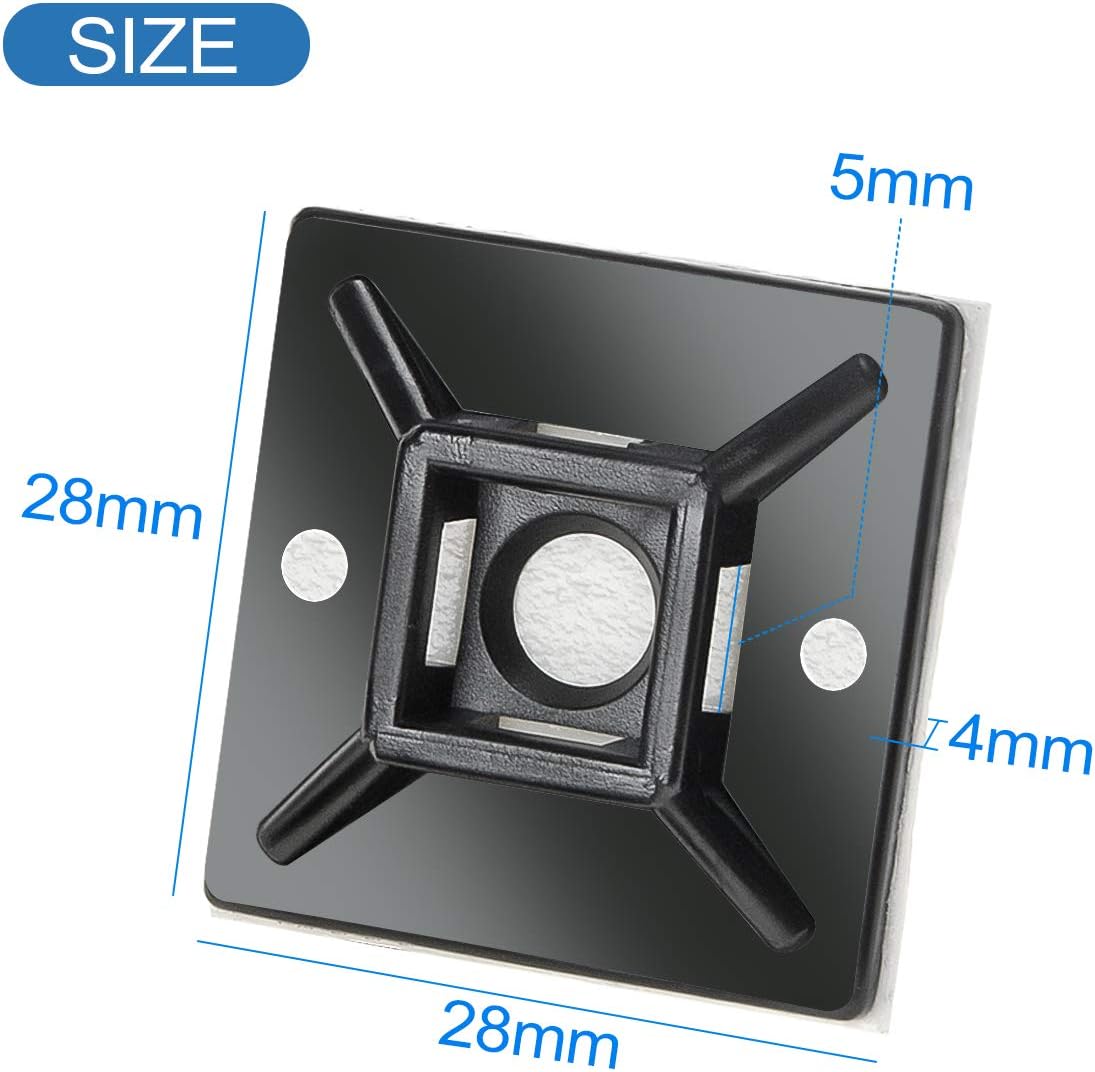 XHF 100 PCS 1.1" Black Self Adhesive Cable Zip Tie Mounts Wire Cable Clips Holders Management Anchors Organizer Holders Squares(HS-102) (Pack of 2)