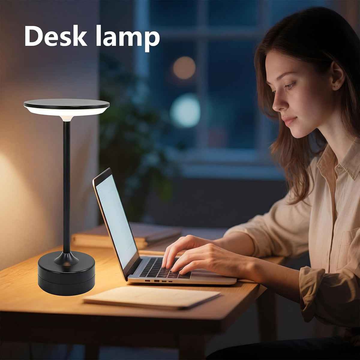 Small Table Lamp, Portable Metal Table Lamp, Cordless Rechargeable Table Lamp , 3 Color Stepless Dimmable Atmosphere Table Lamps for Patio, Camping, Coffee table decor lamp for Indoor/Outdoo(Black)