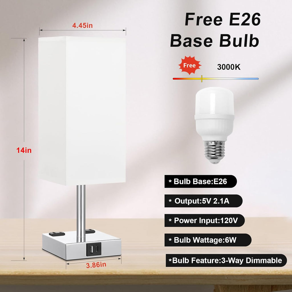 White Touch Table Lamp for Bedroom - Dimmable, USB C+A, 2 AC Outlets