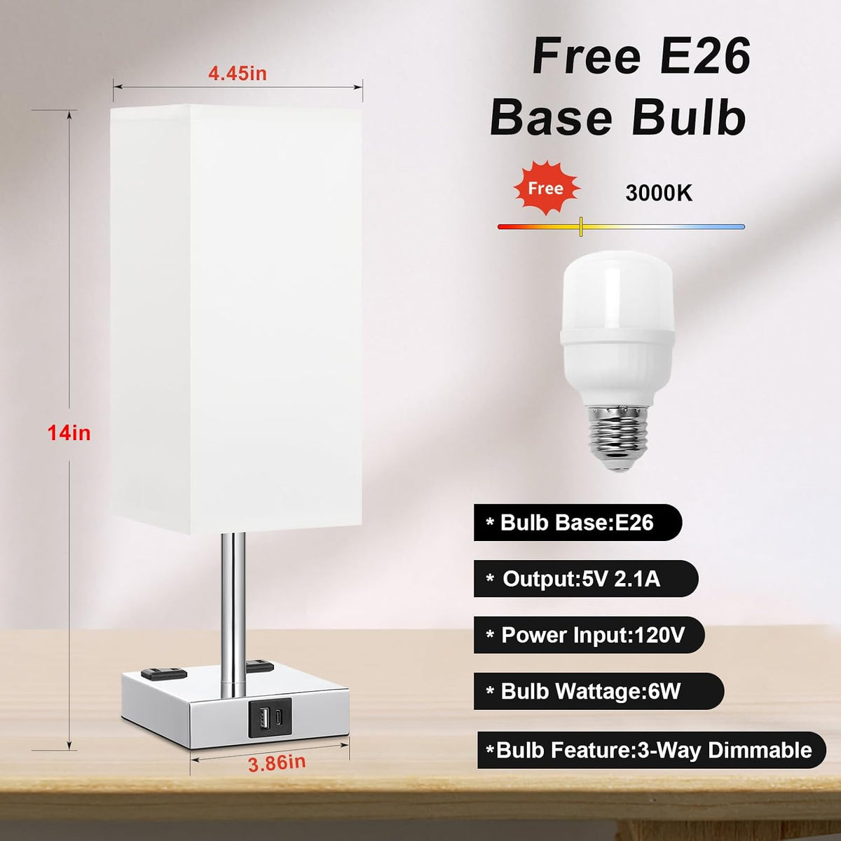 White Touch Table Lamp for Bedroom - Dimmable, USB C+A, 2 AC Outlets