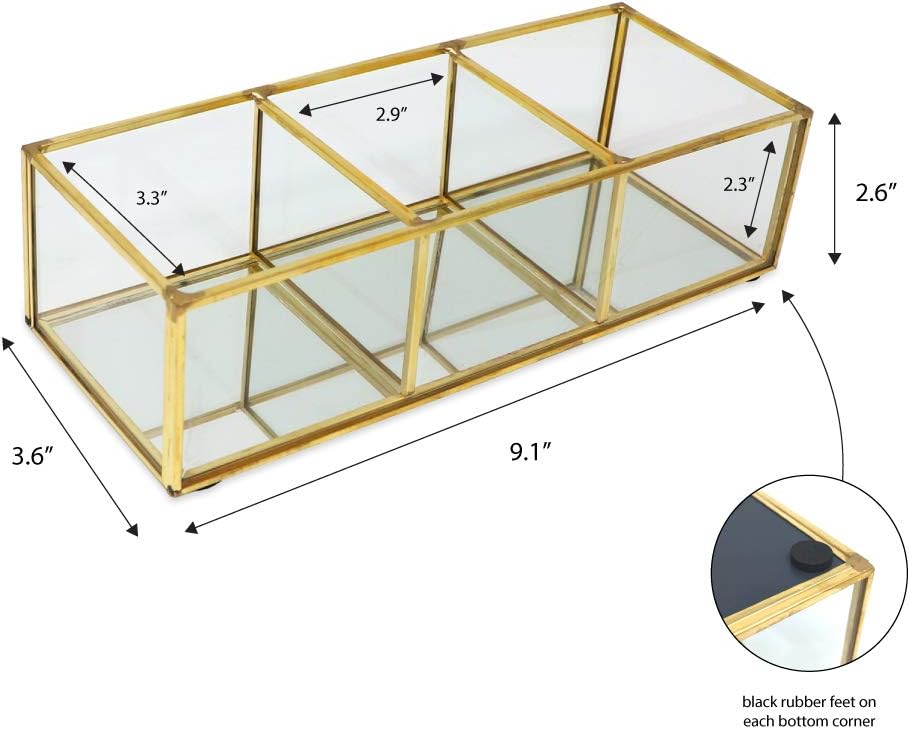 Isaac Jacobs 3-Compartment Brass and Glass Organizer 9.1"L x 3.6"W x 2.6"H