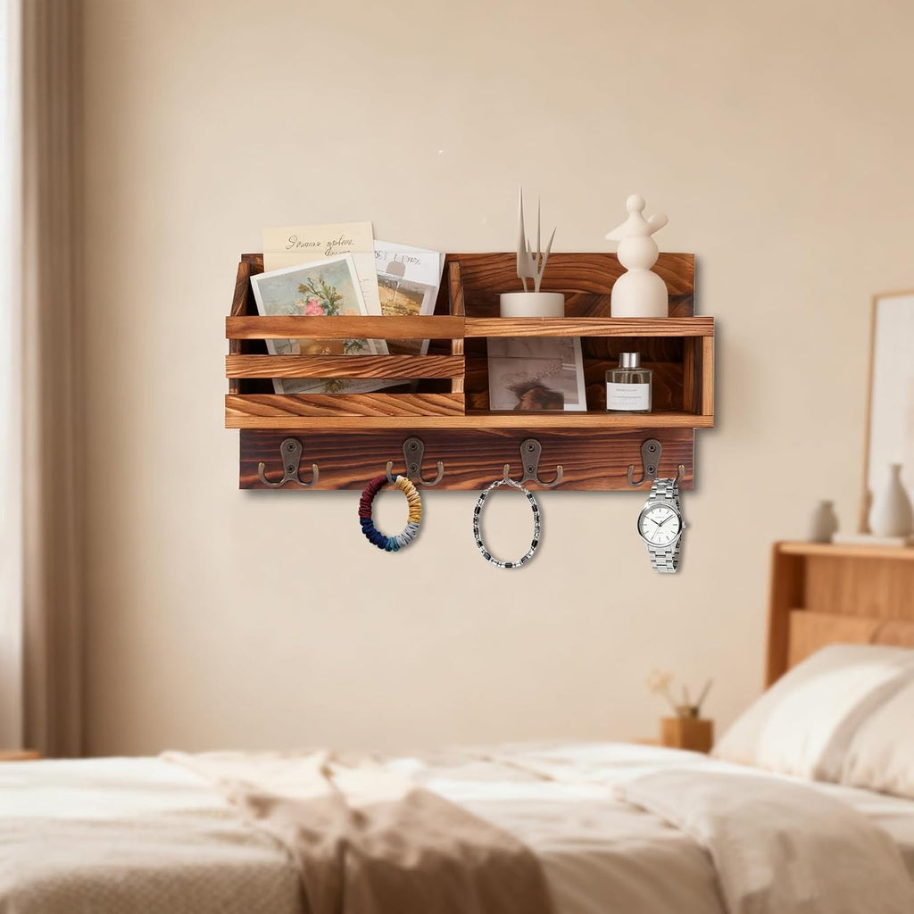 Solid Wood Key and Mail Holder for Wall, Brown
