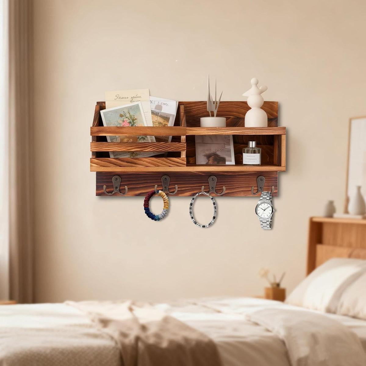 Solid Wood Key and Mail Holder for Wall, Brown