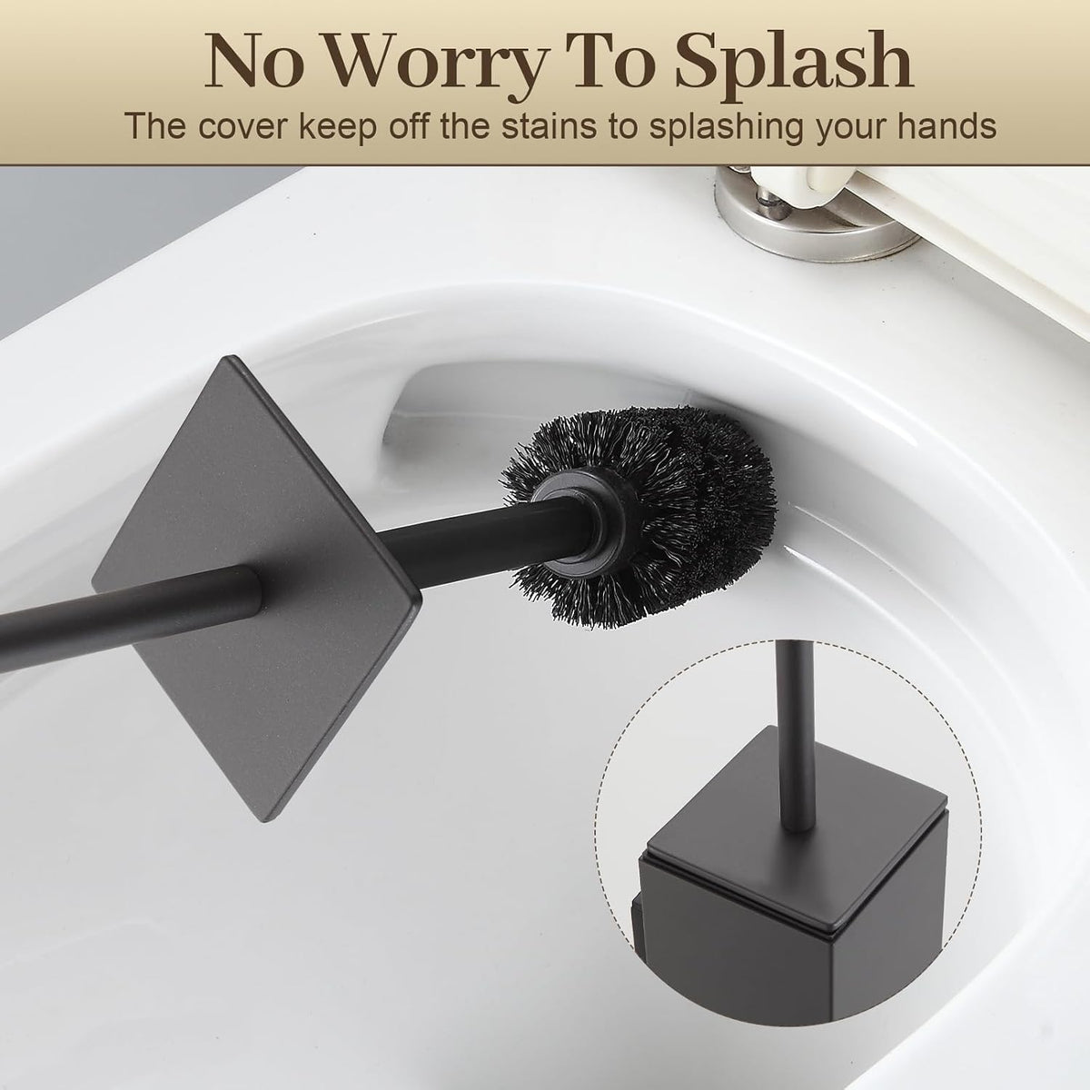 Toilet Brush and Holder Wall Mounted, Gun Gray Aluminum with 2 Replaceable Heads, Bathroom Toilet Brush, Drill or 3M Adhesive Mount, Removable Liner and Splash Guard, Modern Square Design