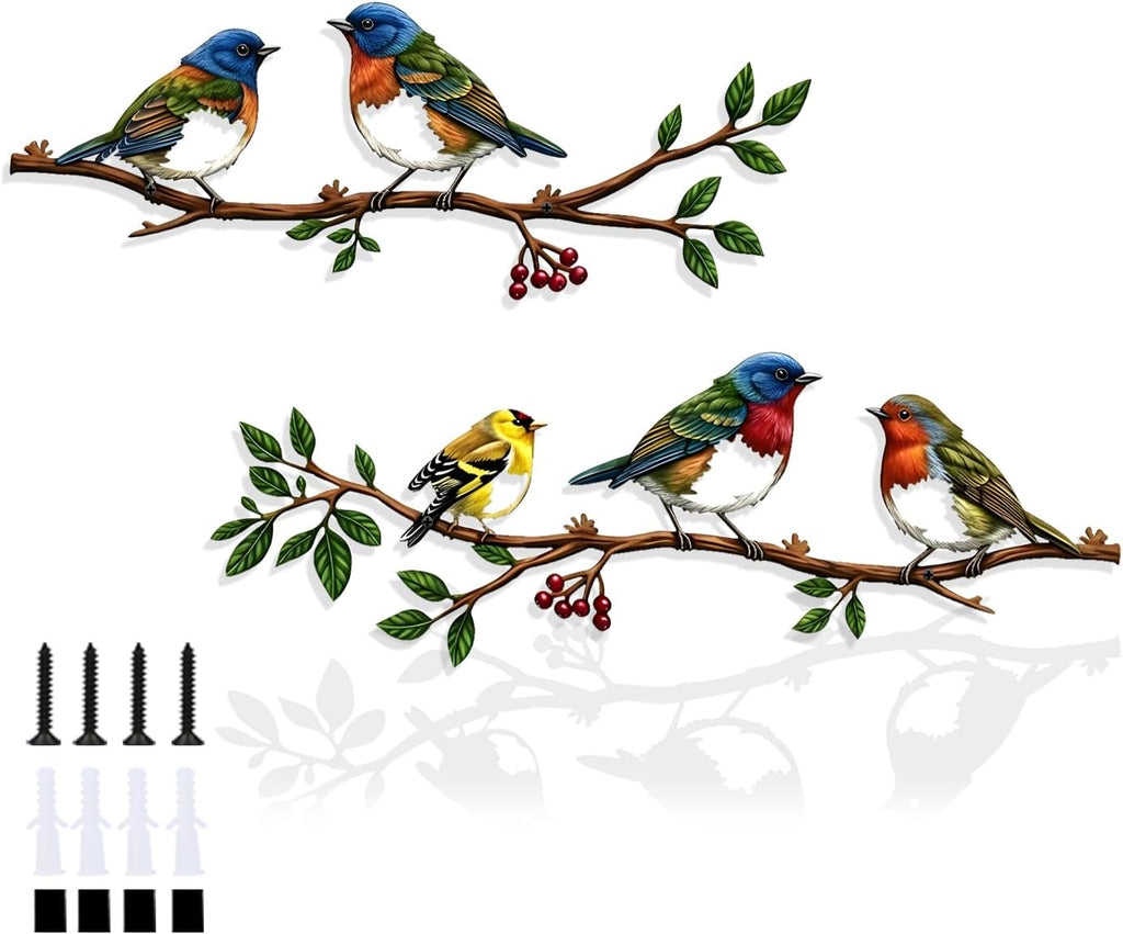 Harikikochuu 2 Pcs Metal Birds Wall Art Decor Robin Bird on the Branch Silhouette Art Metal Decorative Birds Hanging Wall Sculpture for Outdoor Balcony Garden Porch Décor (Colorful B)