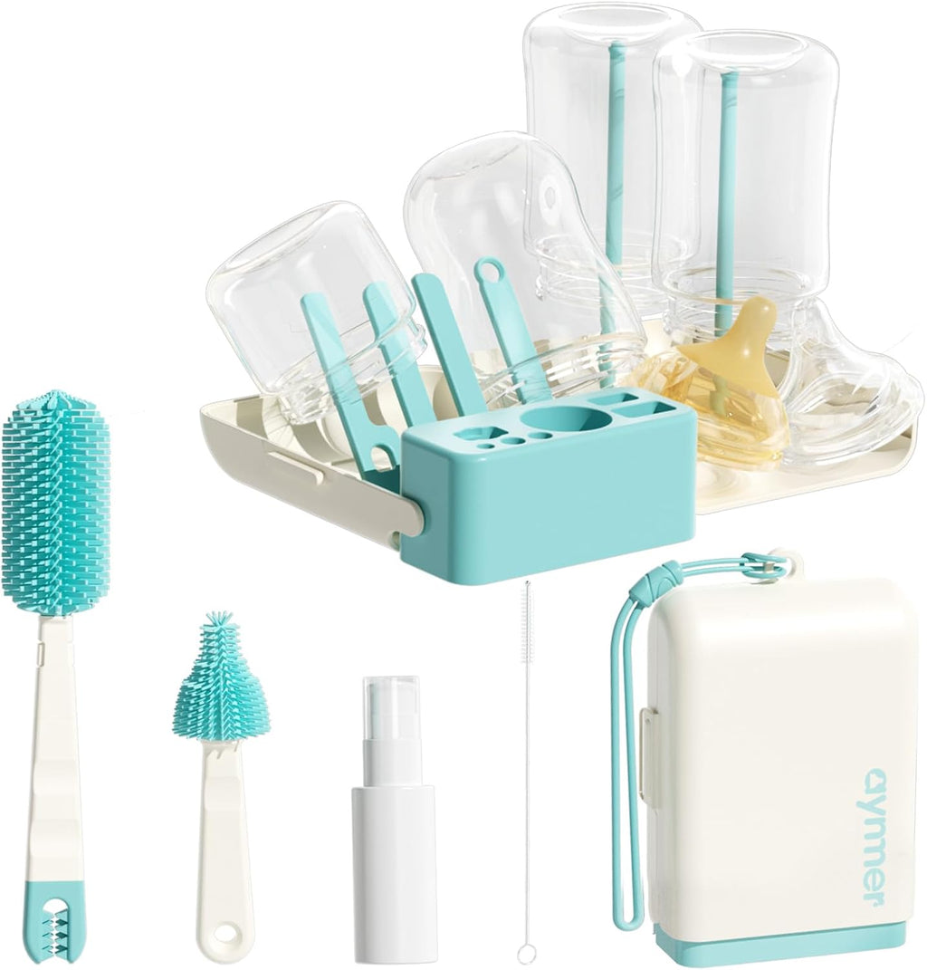 Aynmer Baby Bottle Brush Cleaner Set - 10 In 1 Travel Bottle Cleaning Brush Kit with Silicone Bottle Brush, Nipple Brush, Soap Dispenser, Portable Drying Rack, Breast Pump & Bottle Cleaning Kit -Green