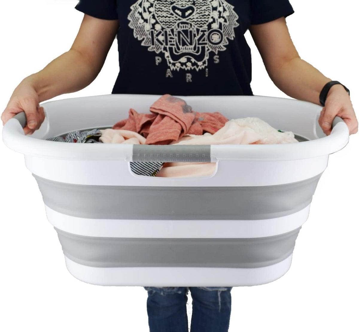SAMMART 40L (10.5 gallon) Collapsible Plastic Laundry Basket - Foldable Pop Up Storage Container/Organizer - Portable Washing Tub - Space Saving Hamper/Basket (1, White/Grey)