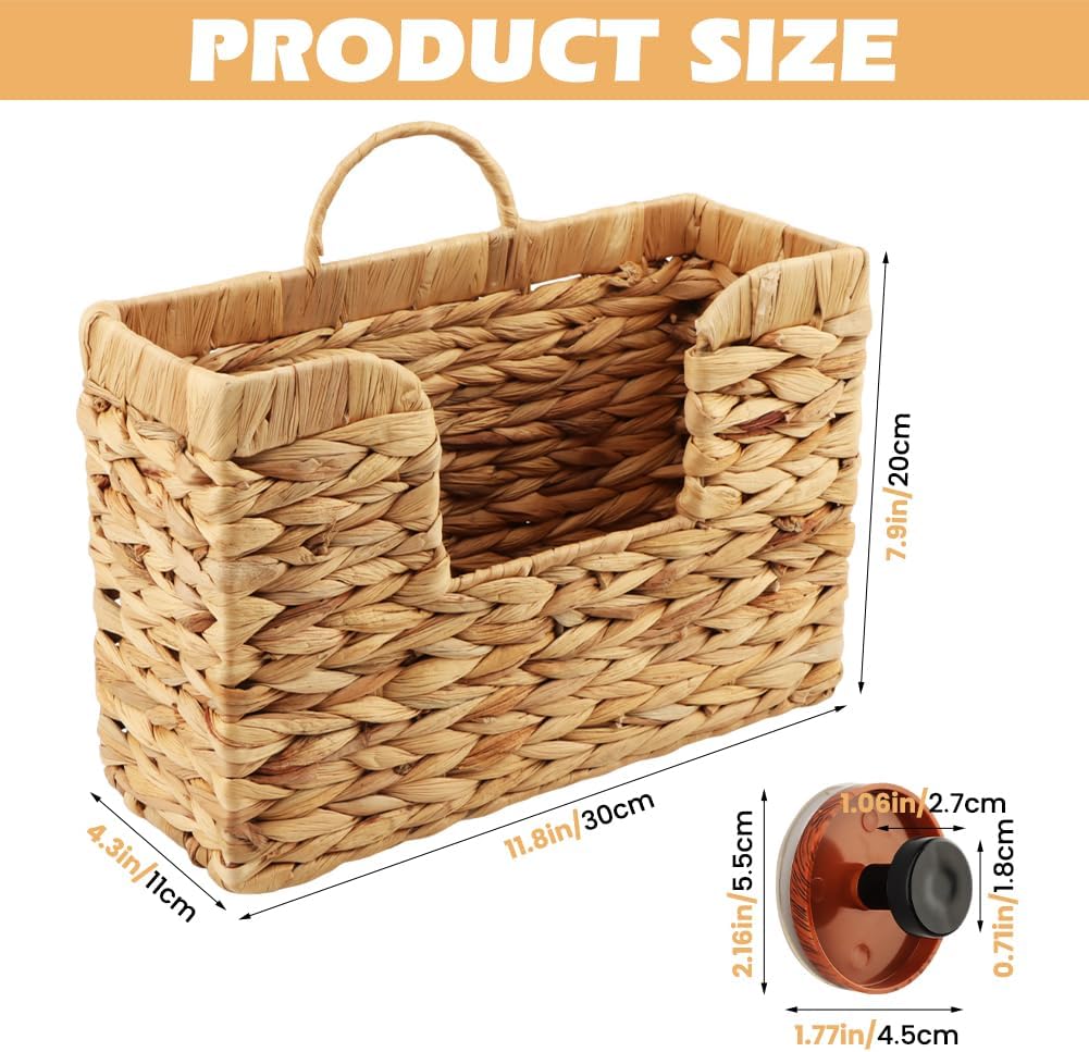 Hanging Magazine Basket, Handwoven Water Hyacinth Wall Magazine Holder with Handle for Books & Files, 11.8x4.3x7.9 Inch Water Hyacinth Farmhouse Storage Rack with Hook for Bathroom, Kitchen, Office