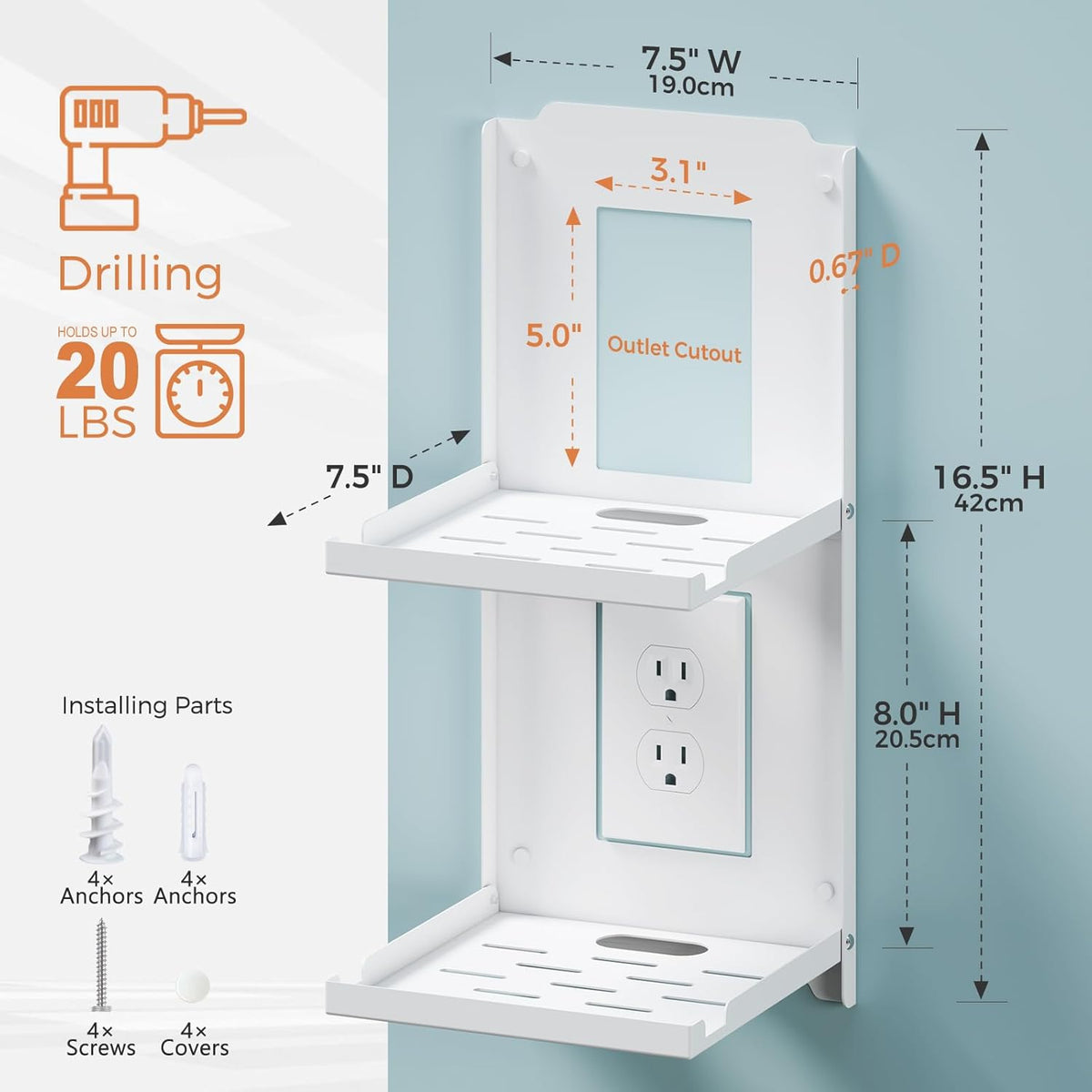2-Tier Small Router Shelf Wall Mount - 7.5 inch Folding Metal Outlet Shelf w/Cable Holes | Dual-Layer Organizer Holder for WiFi Modem/Echo Dot & Cameras | Folds Up & Stackable (7.5″ Wide)