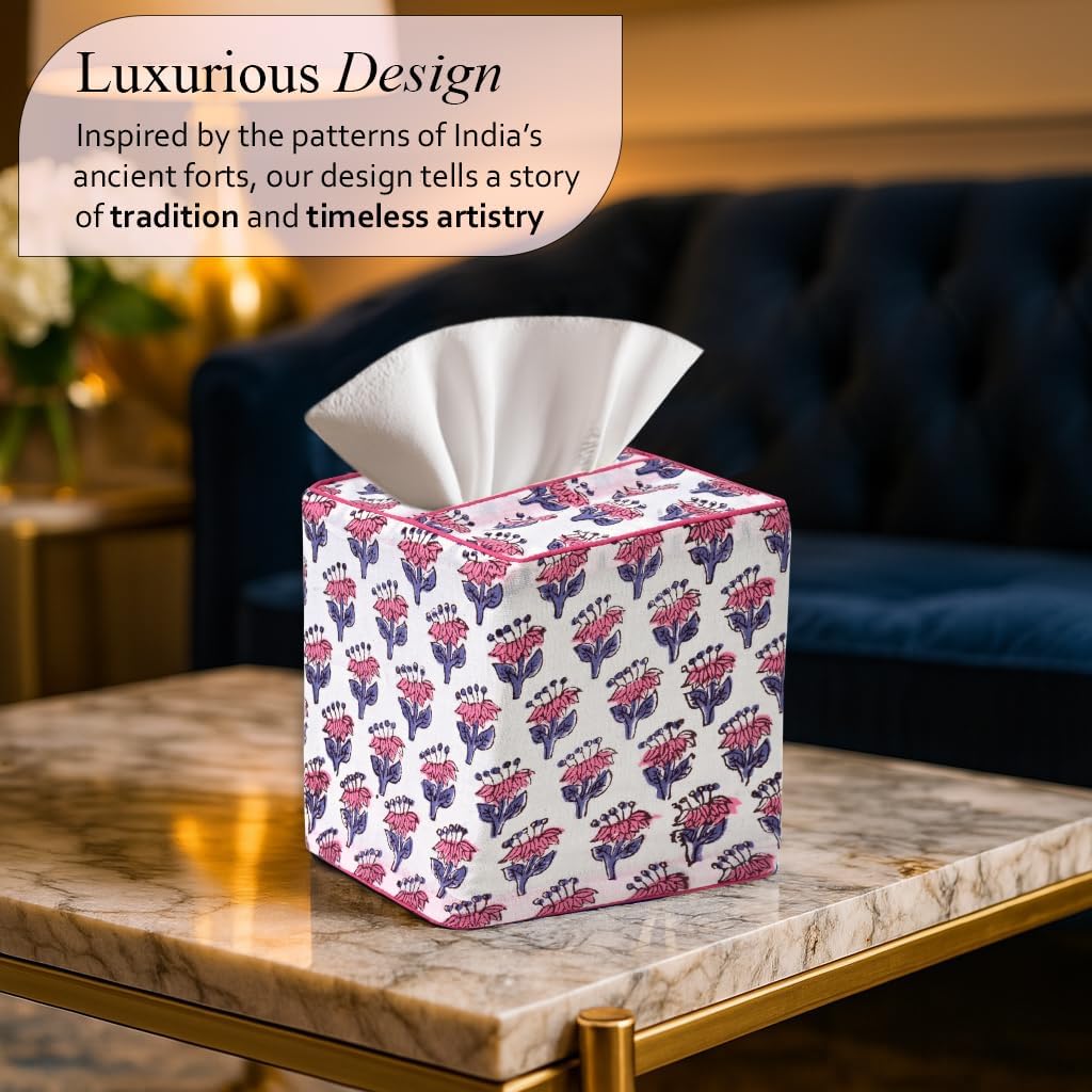 CPC 100% Cotton Piping Block Print Tissue Box Cover, Pink Sapphire