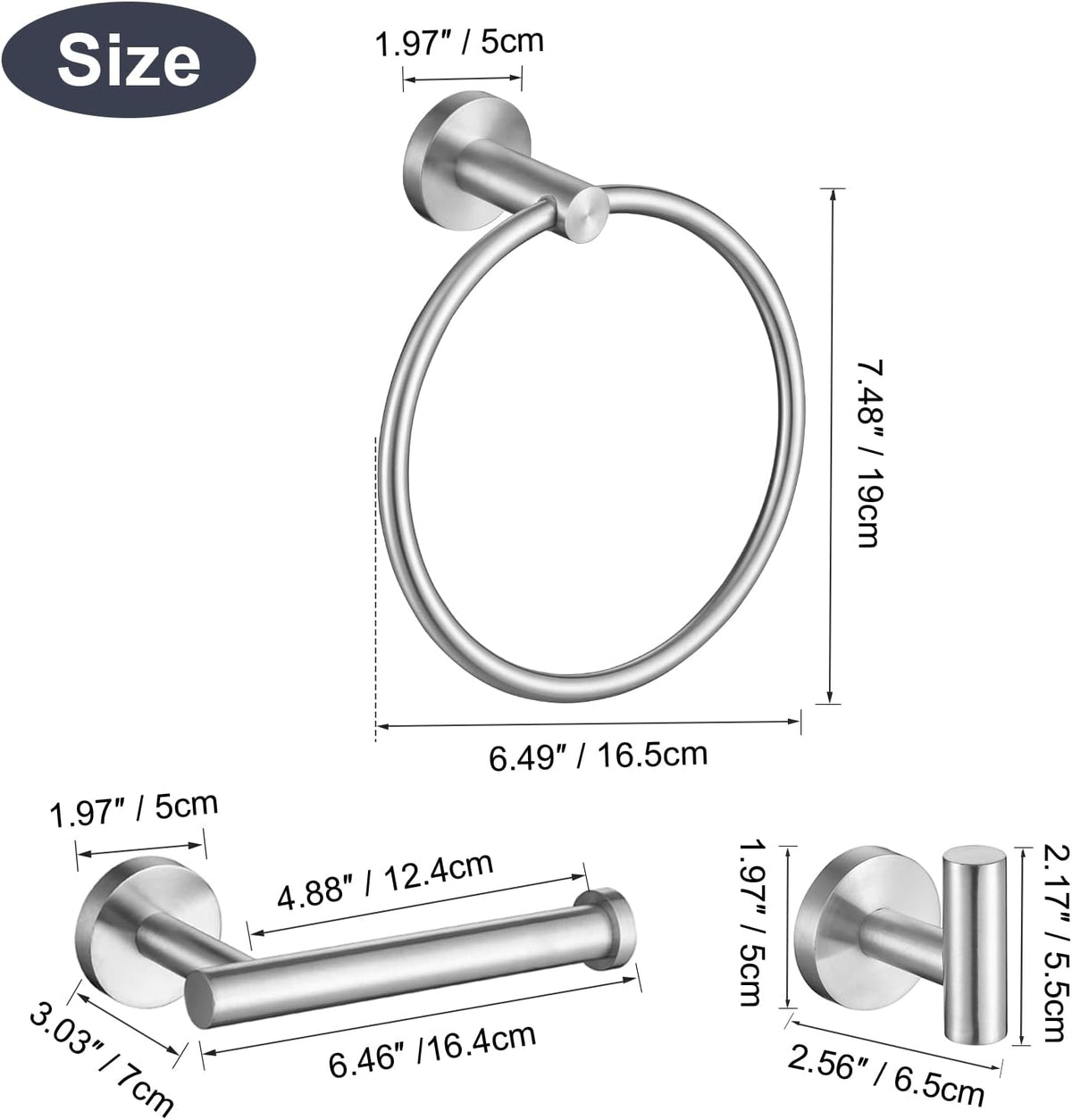 TURS Brushed Steel Towel Ring Toilet Paper Holder Towel Hooks 4-Pieces Bathroom Towel Holder Set SUS304 Stainless Steel Bathroom Accessories Kit Wall Mounted