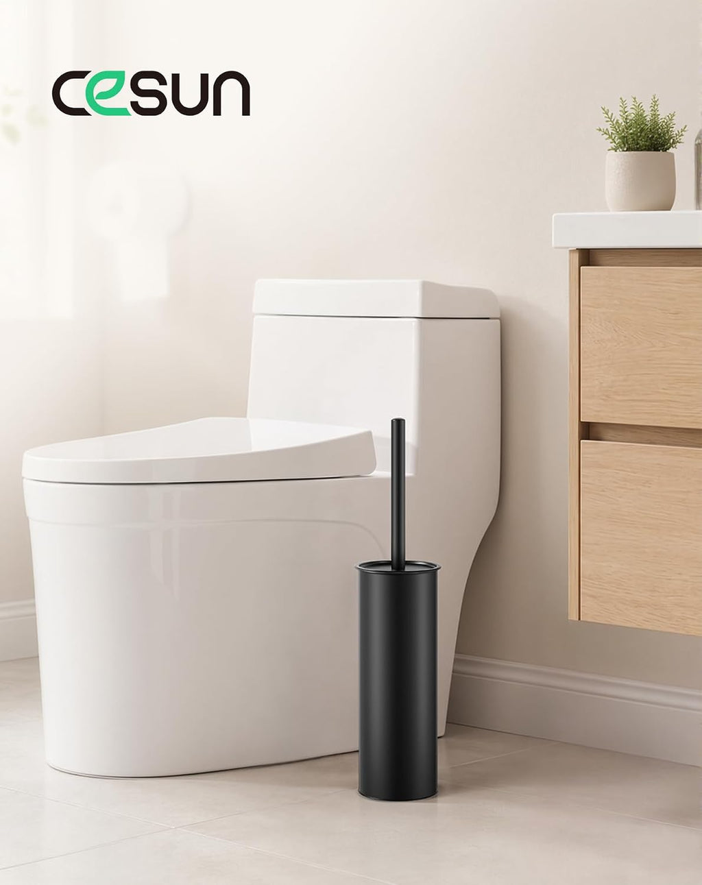 Cesun 304 Stainless Steel Toilet Brush and Holder Set, 2 Brush Heads, Black