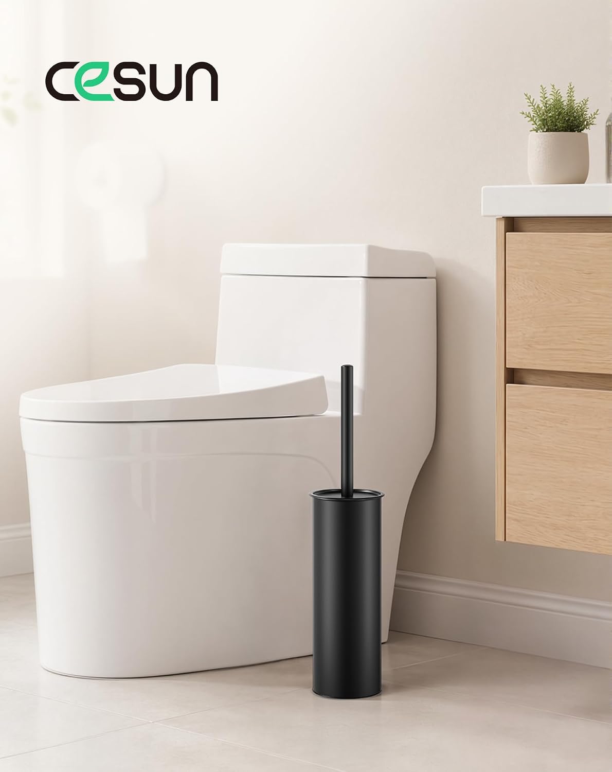 Cesun 304 Stainless Steel Toilet Brush and Holder Set, 2 Brush Heads, Black
