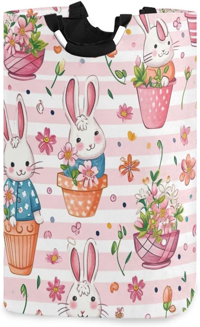 Nander Cute Bunny Laundry Hamper Oxford Cloth Fabric Laundry Basket Collapsible Storage Bin with Aluminum Circle Handles, Waterproof Inner