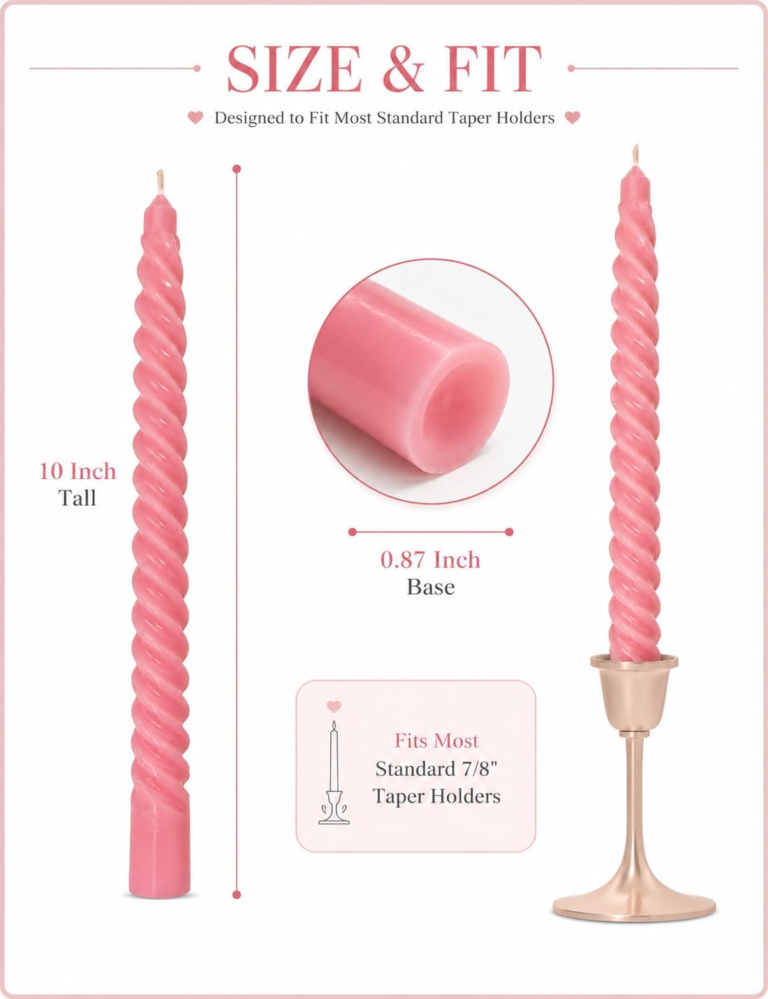 10 Inch Gradient-Pink Spiral Taper Candle Set, 6 Pack Unscented Dripless Candlesticks for Wedding, Holiday Décor, and Festive Dinners