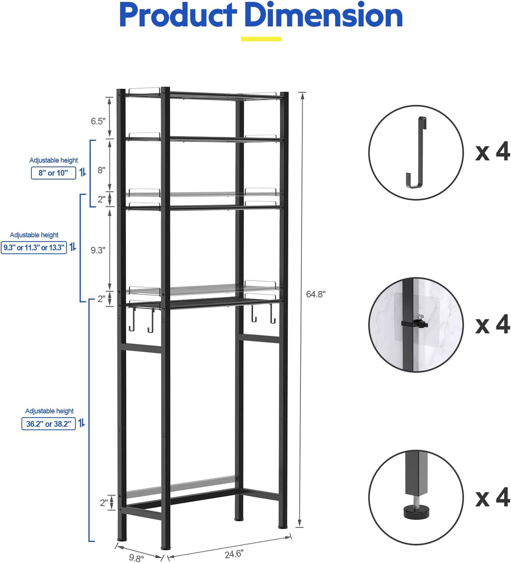 samstar 4 Tier Over The Toilet Storage Rack, Bathroom Organizer Shelves Cabinet Above Toilet, with Adjustable Height Freestanding Shelf Space Saver, Black