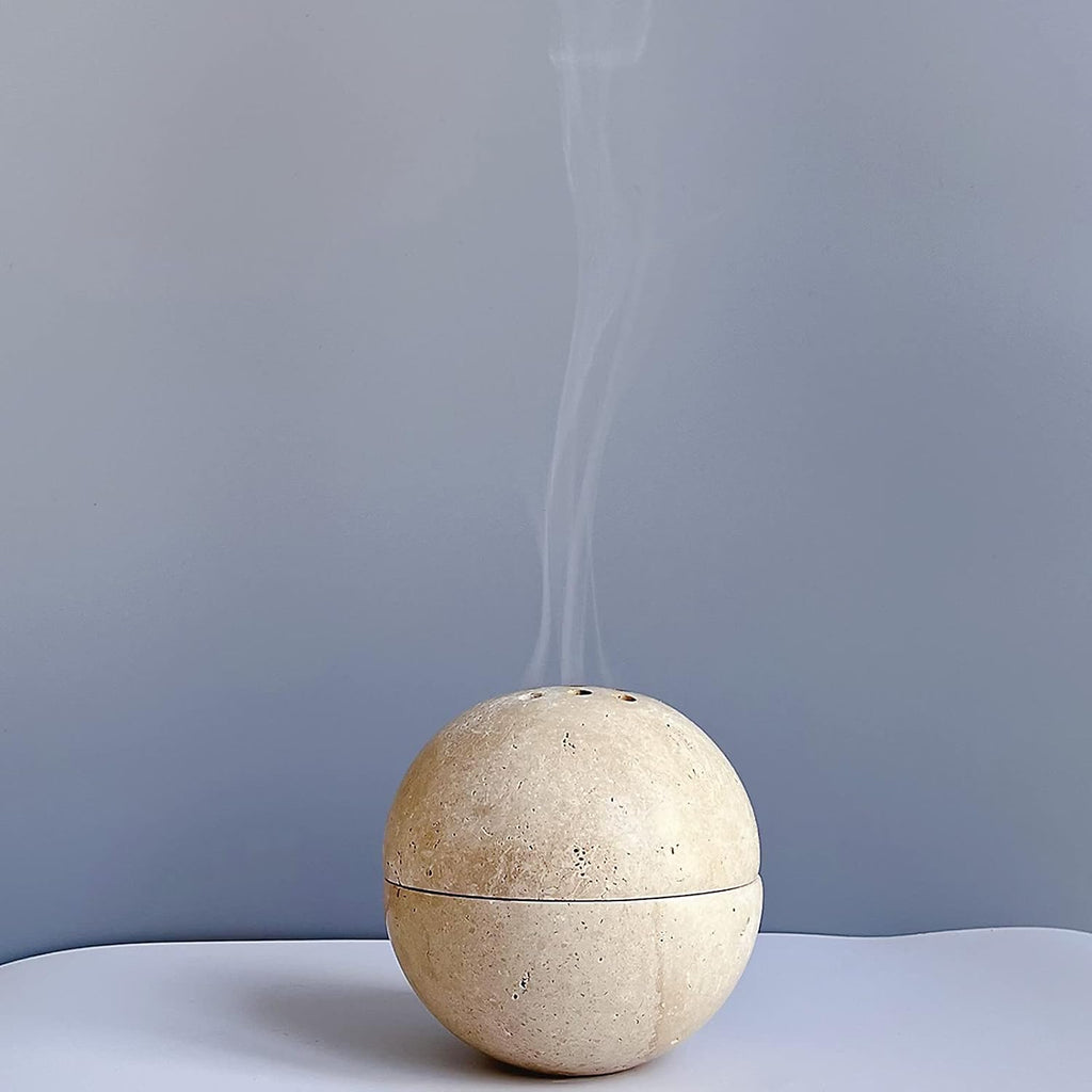 9 Holes Handmade Natural Marble Round Incense Burner Holder for Meditation Decorative Room/Kitchen/Coffee Shop (Beige Travertine Stone)