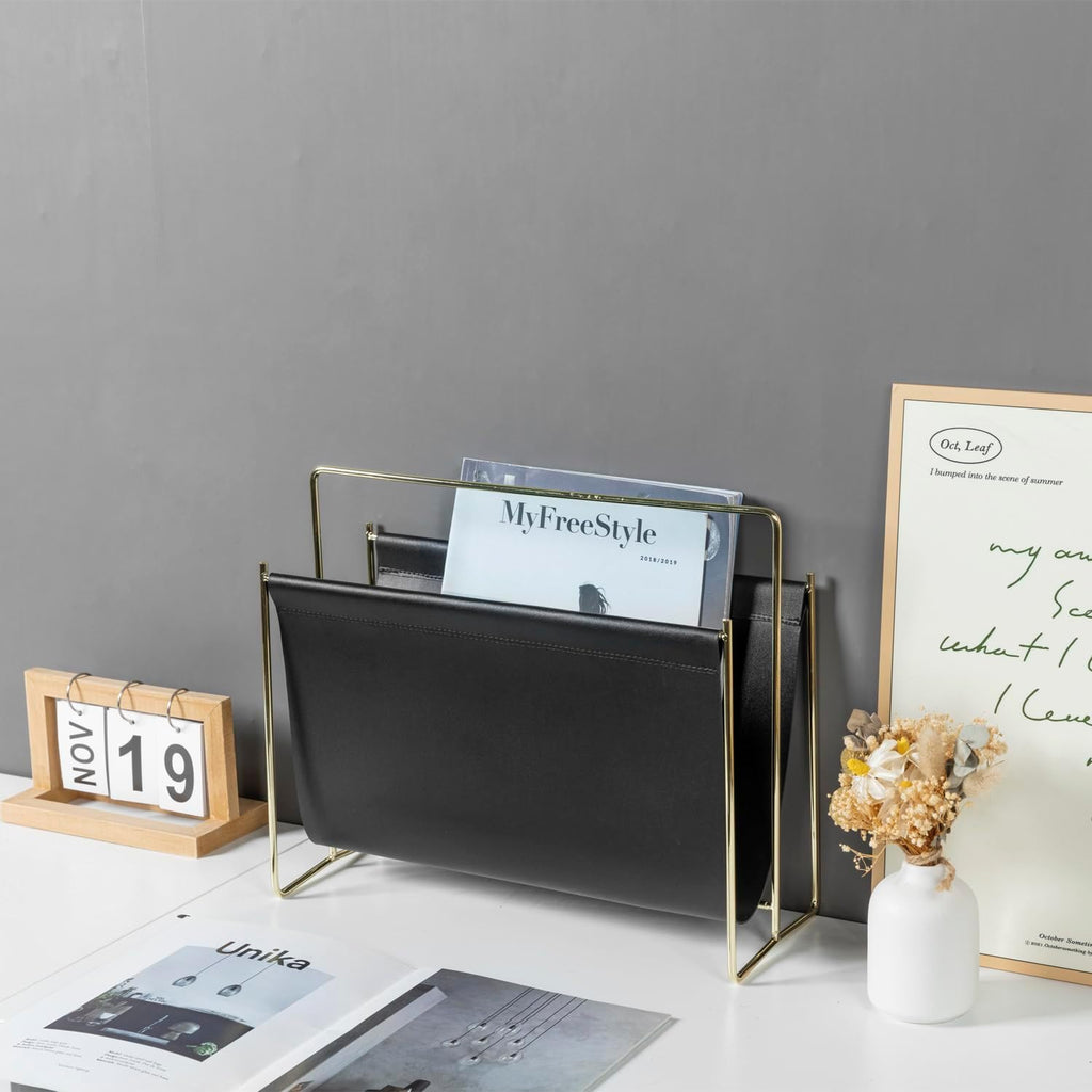 MyGift 15 Inch Black Leatherette Magazine Holder, Brass Metal Floor Rack