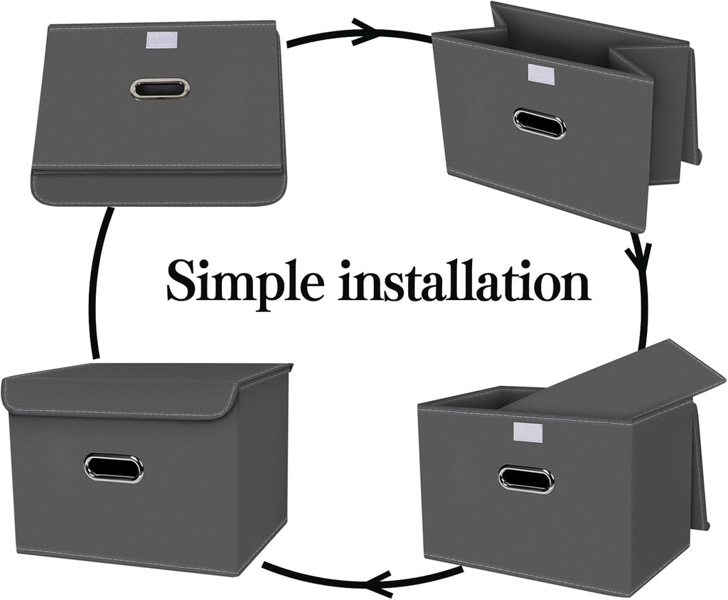 4-Pack Large Collapsible Storage Bins with Lids,Fabric Storage Cubes Organizer for Shelves,Closet,Nursery,Foldable Cube Storage Baskets with Handles,Home Boxes (14.9"x9.8",Grey)