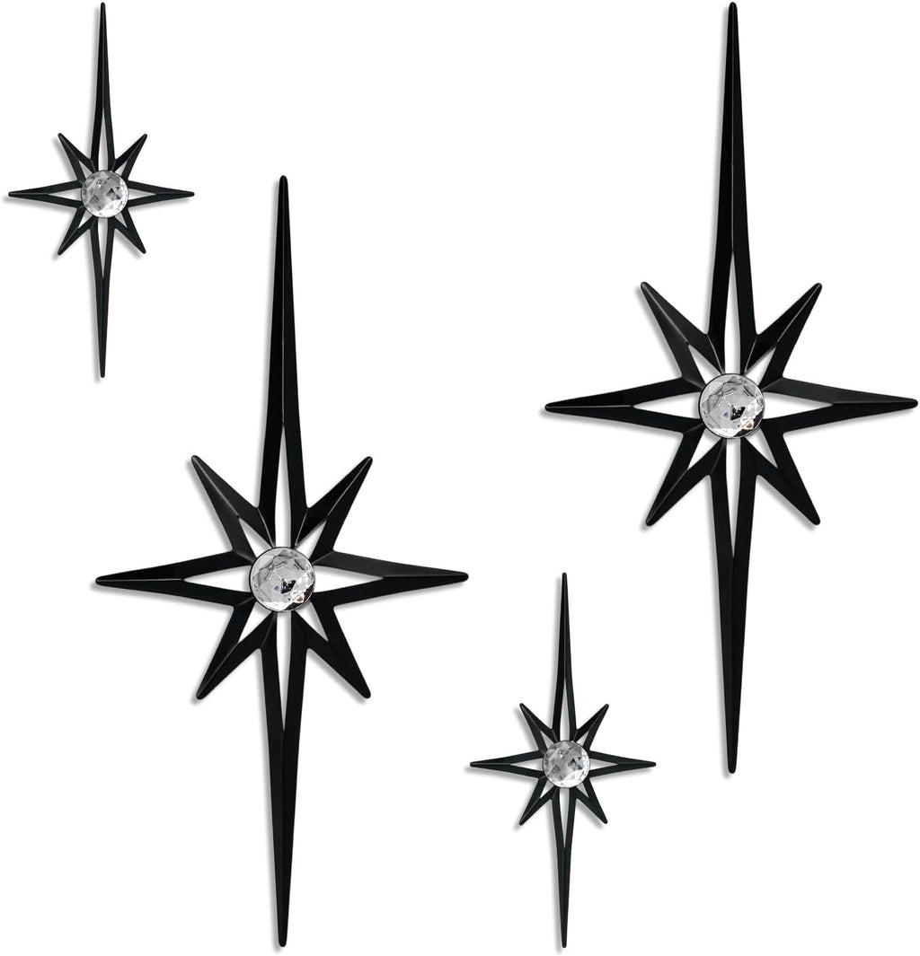 sxnzequnze 4 Pcs Star Wall Art for Home Decor Living Room Bedroom Office Metal 3D,Bling,with Hanging Hook Starburst Midcentury Sculpture Retro Gallery Accent Celestial -Black 16.5in/9.4in