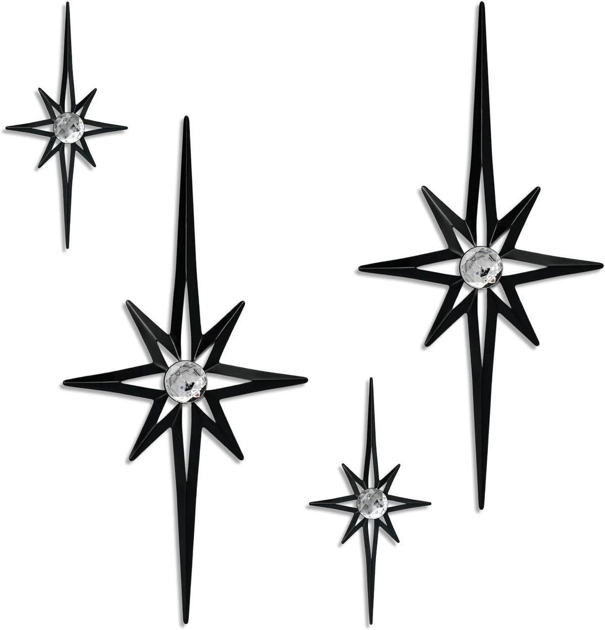sxnzequnze 4 Pcs Star Wall Art for Home Decor Living Room Bedroom Office Metal 3D,Bling,with Hanging Hook Starburst Midcentury Sculpture Retro Gallery Accent Celestial -Black 16.5in/9.4in