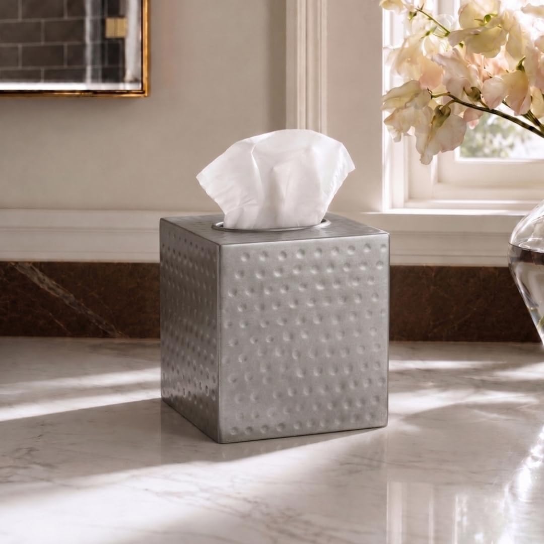 Monarch Abode Tissue Box Cover Square – Hand Hammered Pewter Metal Tissue Holder Box for Bathroom Accessory, Aesthetic Decorative Facial Napkin Cube for Modern Home Decor