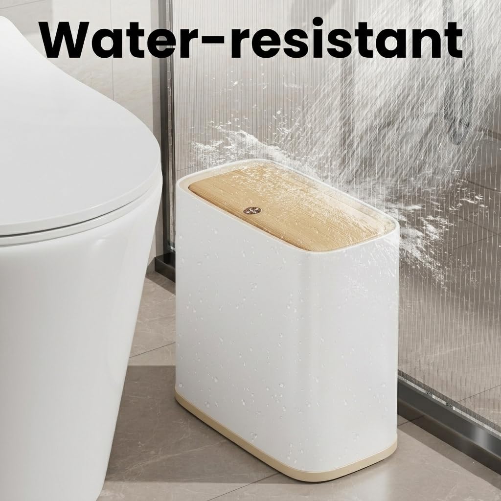 Bathroom Trash Can, 2.1 Gal Small Slim, Plastic White, Faux Wood Grain Lid