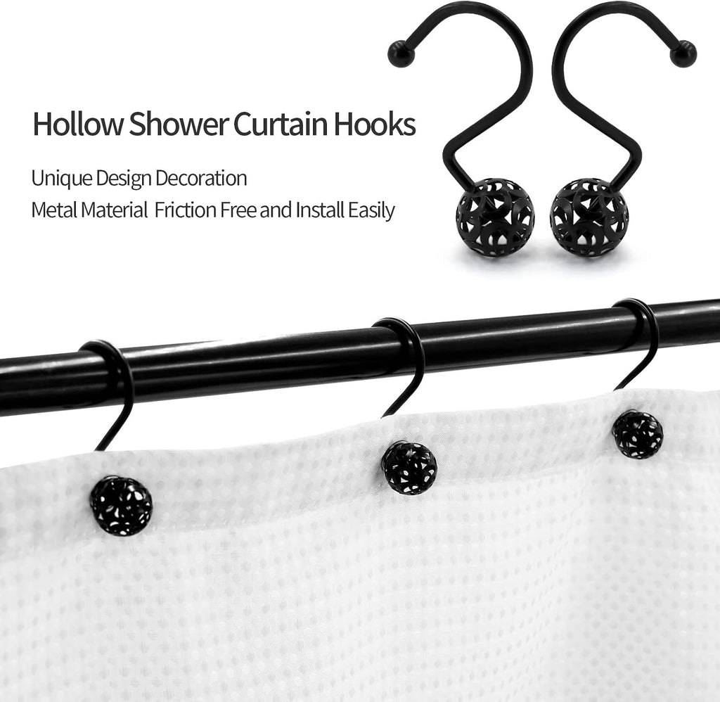 MitoVilla 24 Pcs Set Black Shower Curtain Hooks, Metal Shower Hooks for Shower Curtain & Liner, Hollow Ball Rust Proof Shower Rings for Curtain Accessories and Bathroom Shower Rod