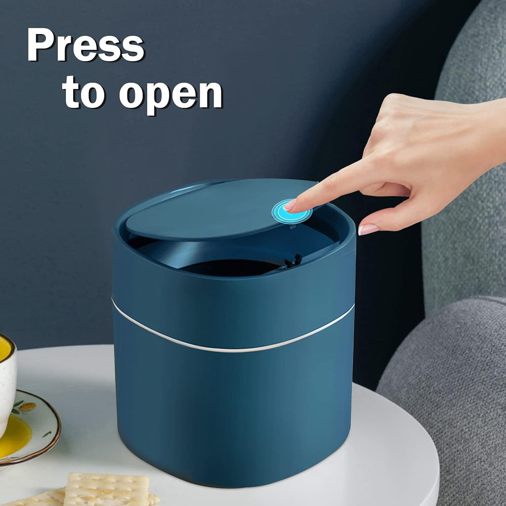 Mini Desk Trash Can with Pop-Up Lid Includes 180 Bags 0.5 Gallon, Blue