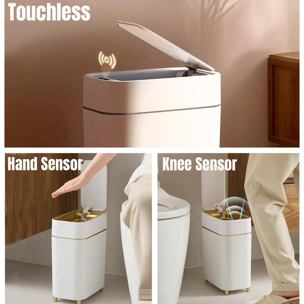 2-Pack Automatic Bathroom Trash Can with Lid, Slim Motion Sensor Garbage Can, Waterproof Touchless Trash Bin, Smart Trashcan for Bedroom, Living Room, Narrow Space, 2.3 Gallon, White+Gold Trim