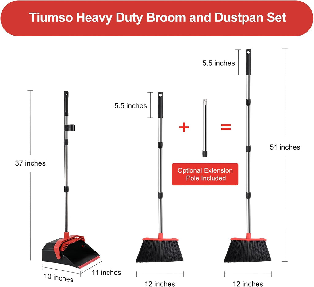 Large Upright Broom and Dustpan, Heavy Duty Dust Pan with 51" Long Handle for Indoor Outdoor Garage Kitchen Room (Black and Red)