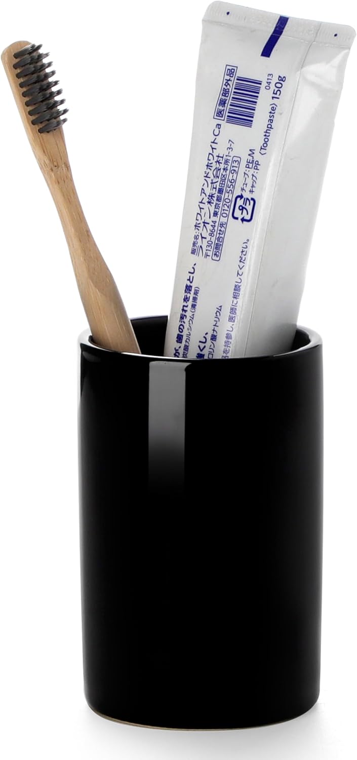 Glossy Black Ceramic Toothbrush Holder for Bathroom Countertop
