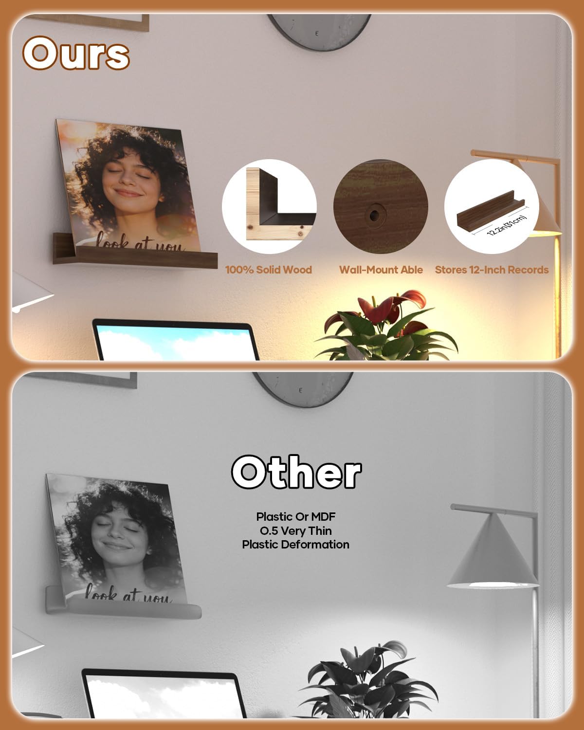 NEEKFOX Vinyl Record Shelf Wall Mount, 12 inch Album Record Holder Display Rack, 6 Pack Wood Floating Shelves for Wall Decor, Album Shelves, Kids Bookshelf, Magazine Rack