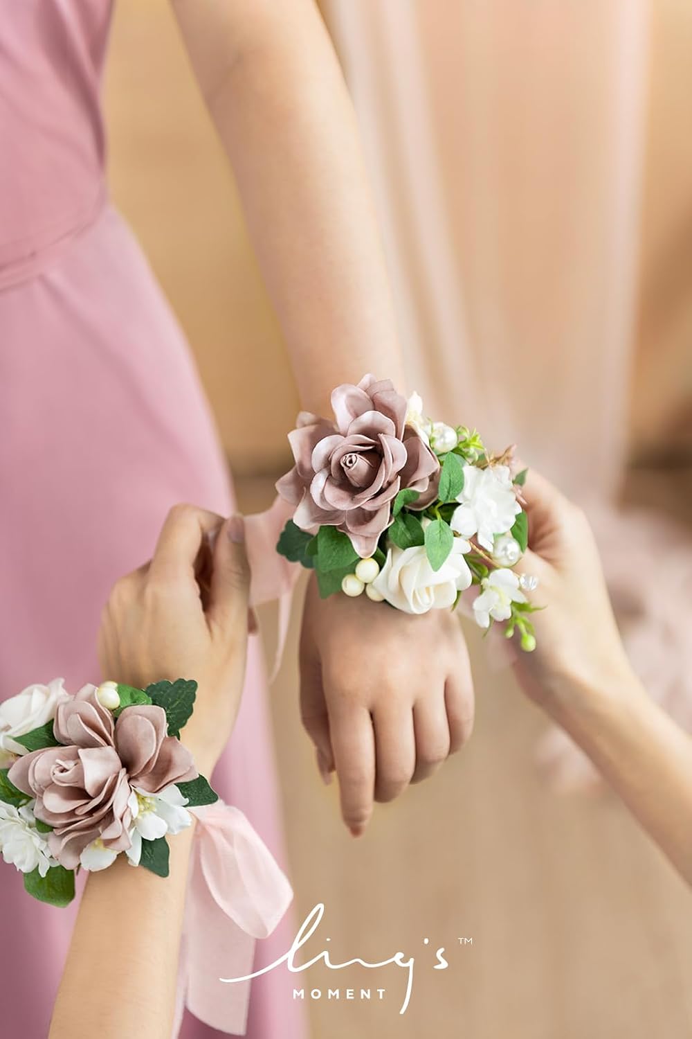 Ling's moment 2pcs Prom Wrist/Shoulder Corsage, Dusty Rose & Cream